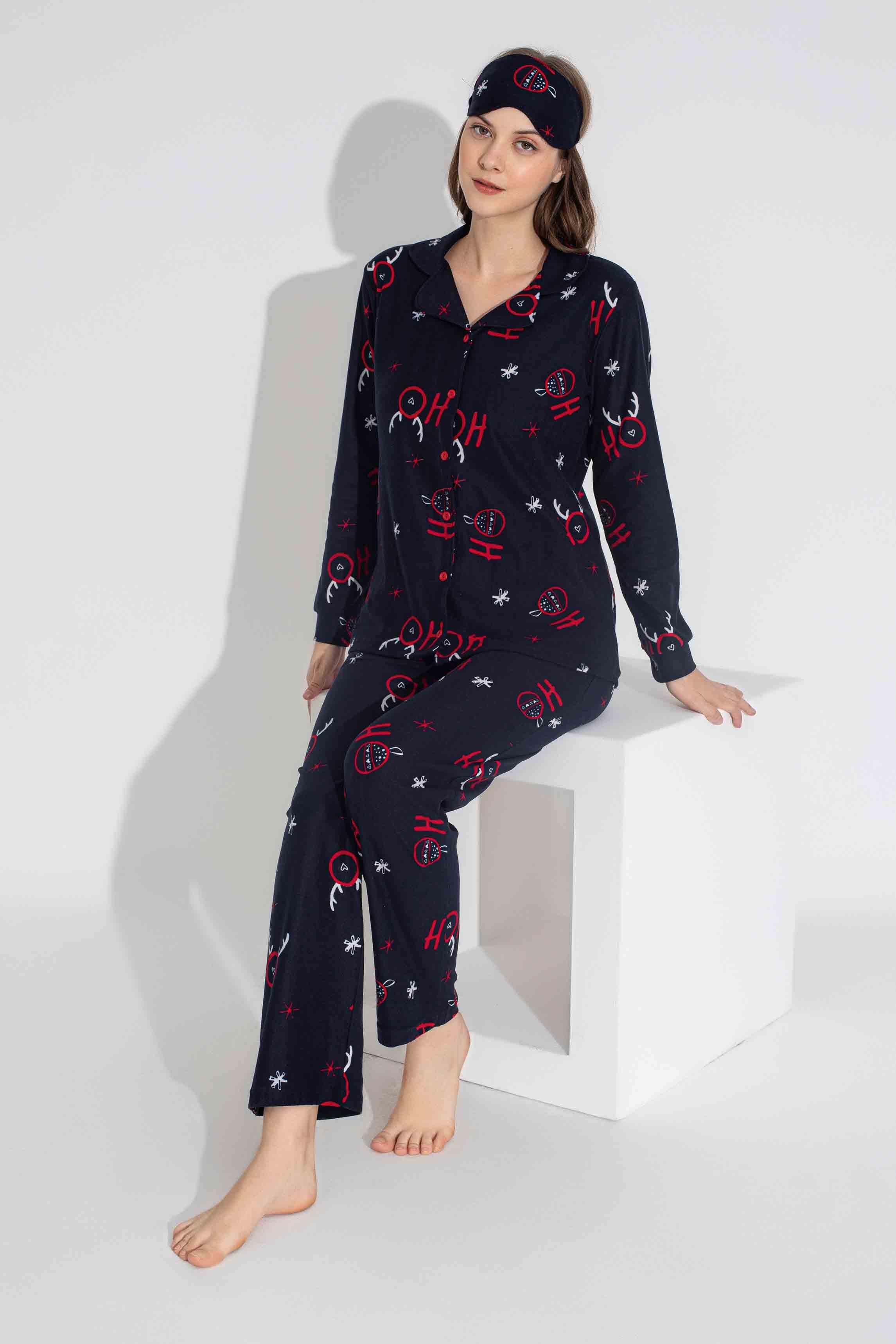 Yeni Sezon Sonbahar/Kış Anne / Kız Çocuk Geyik Desenli Süet Pijama Takımı 2724-11 Lacivert