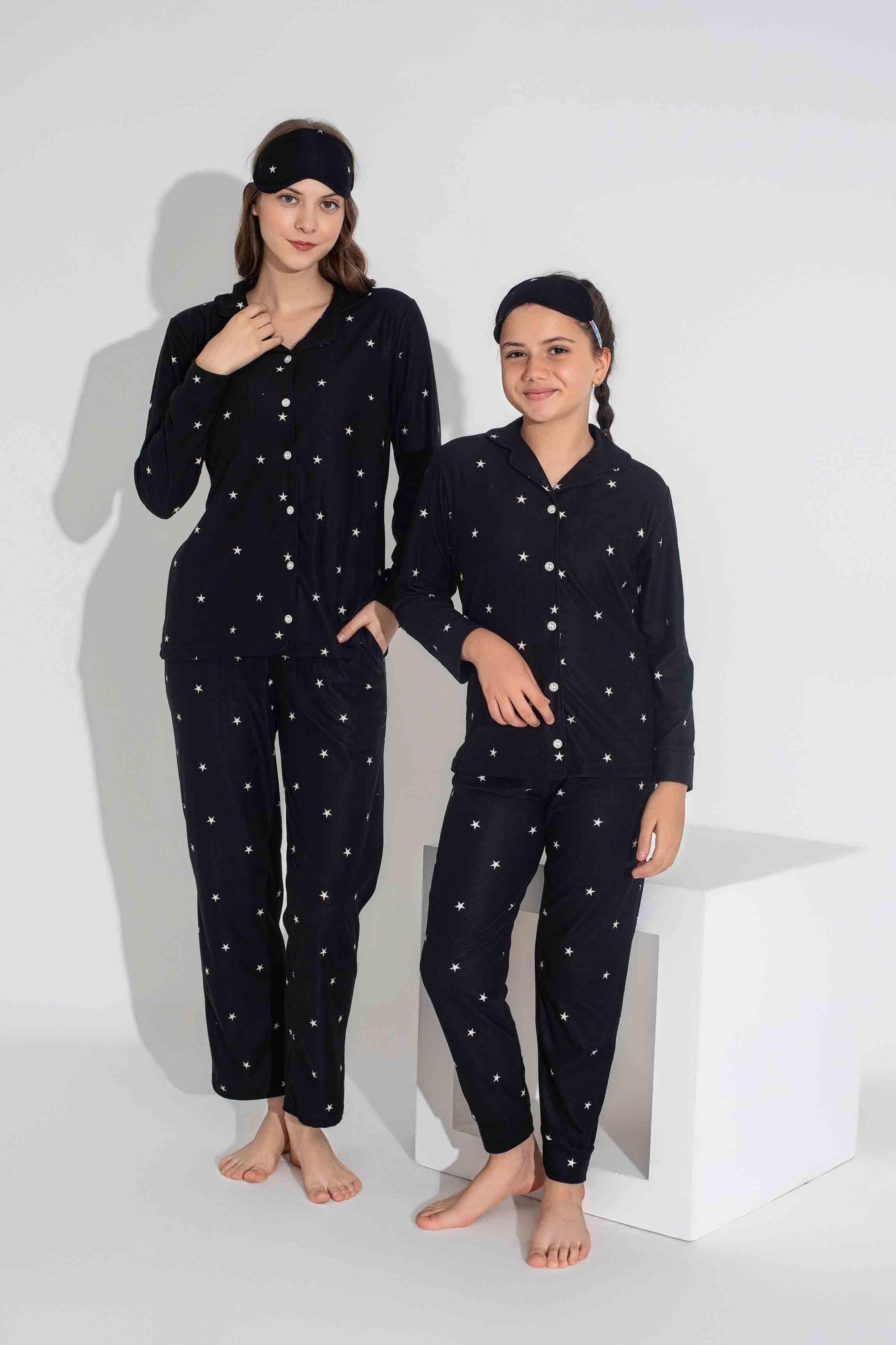 Yeni Sezon Sonbahar/Kış Anne / Kız Çocuk Yıldız Desenli Süet Pijama Takımı 2724-10 Siyah Yıldız
