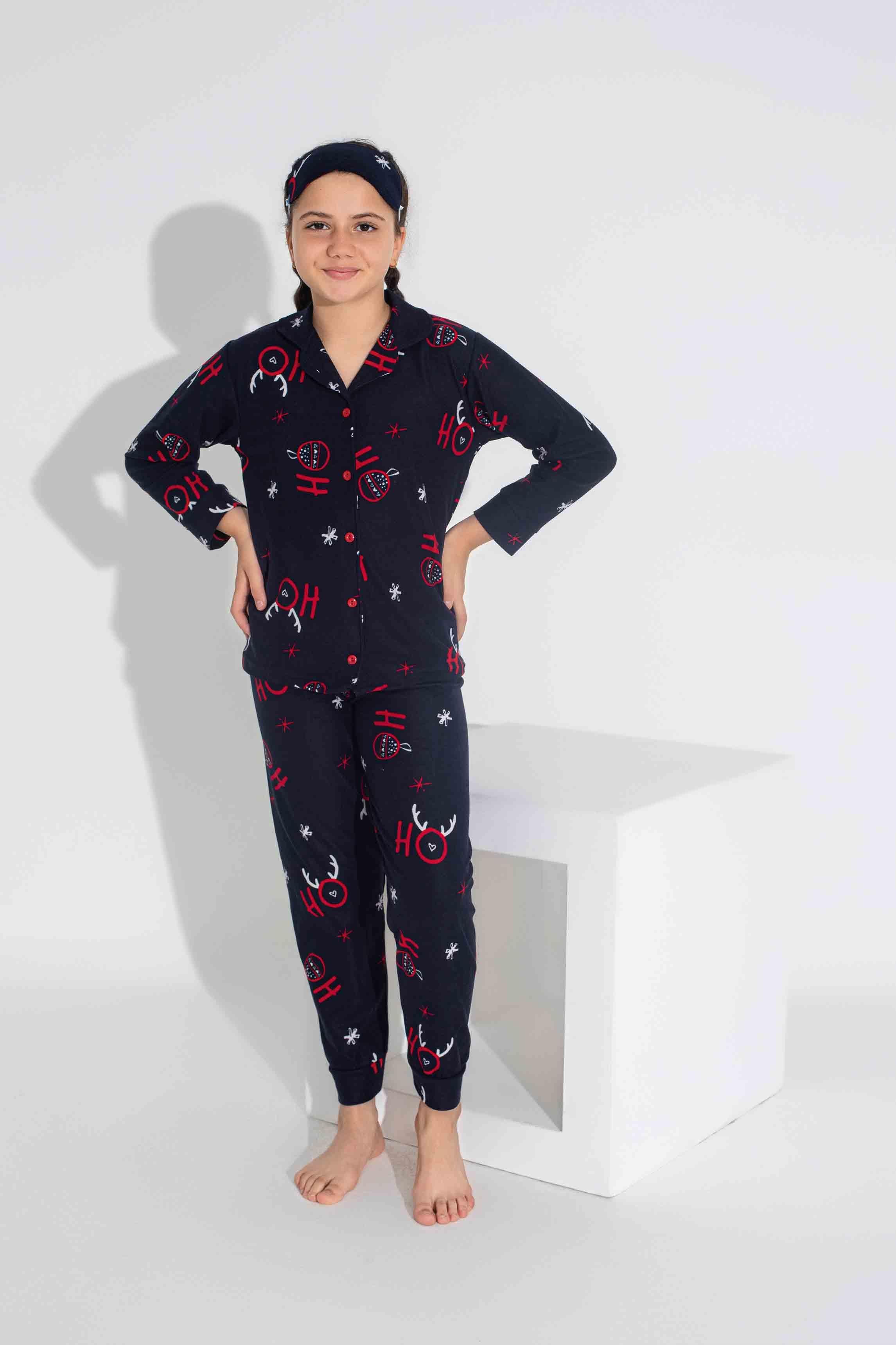 Yeni Sezon Sonbahar/Kış Anne / Kız Çocuk Geyik Desenli Süet Pijama Takımı 2724-11 Lacivert