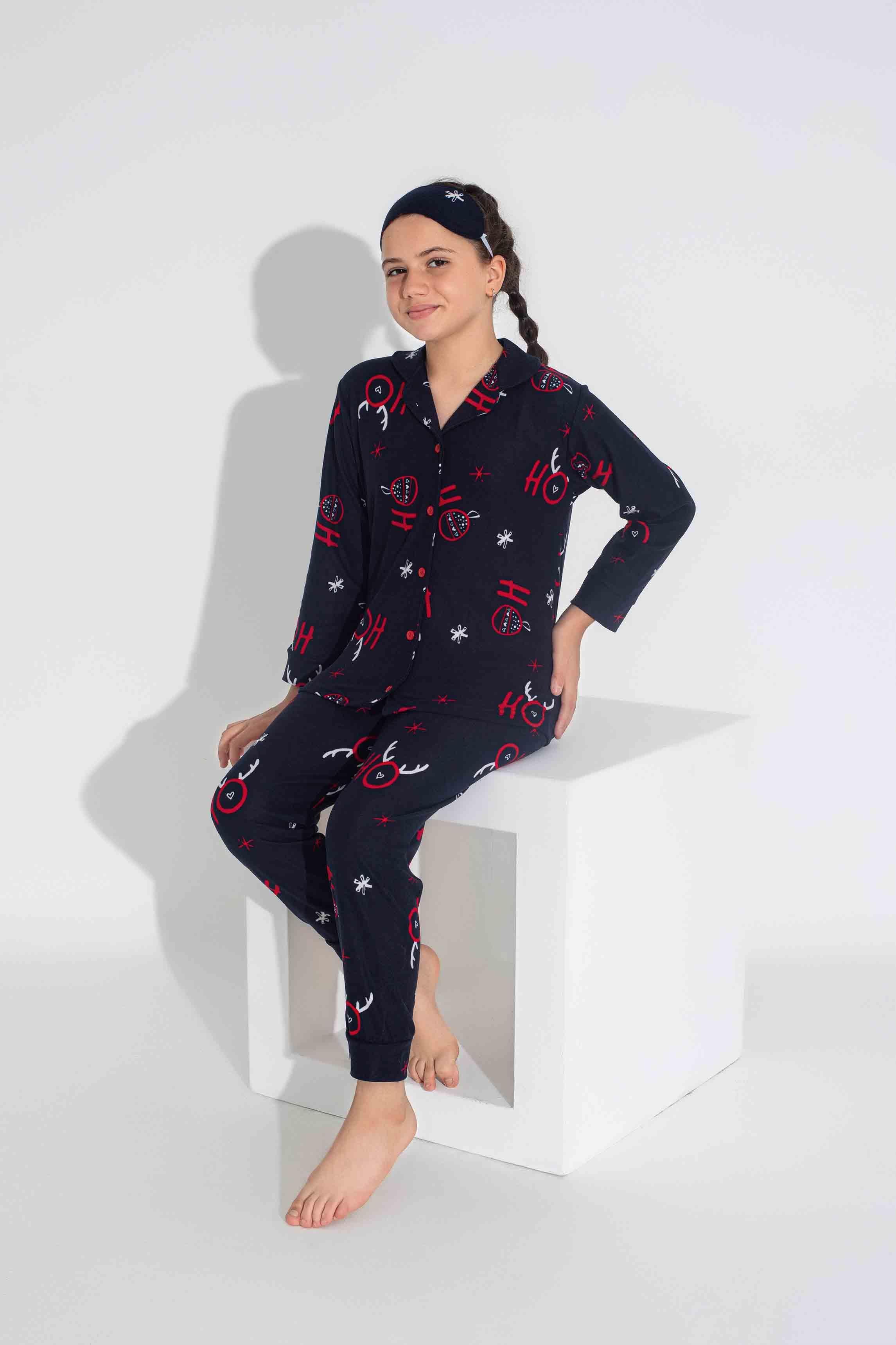 Yeni Sezon Sonbahar/Kış Anne / Kız Çocuk Geyik Desenli Süet Pijama Takımı 2724-11 Lacivert