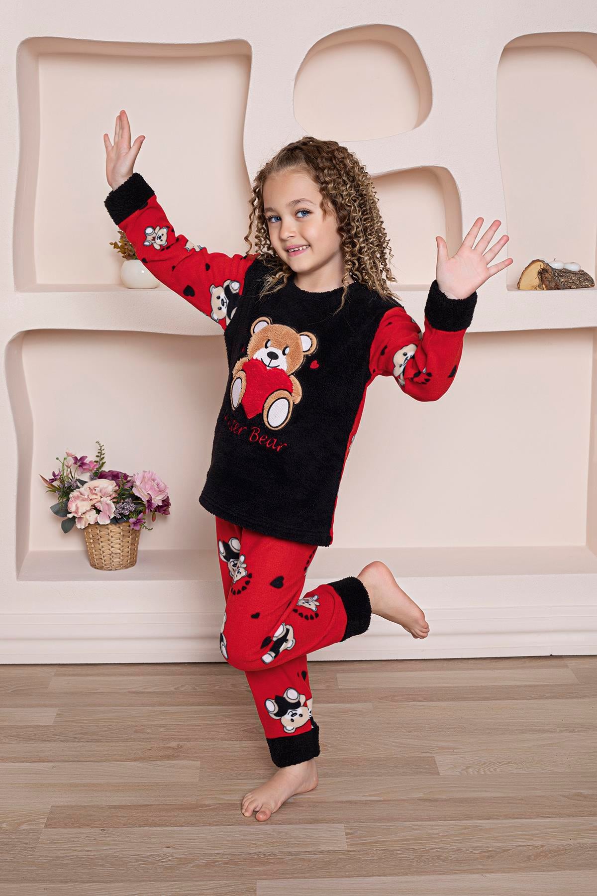 Yeni Sezon Sonbahar/Kış Kız Çocuk Ayıcık Desenli Polar Pijama Takımı 4940