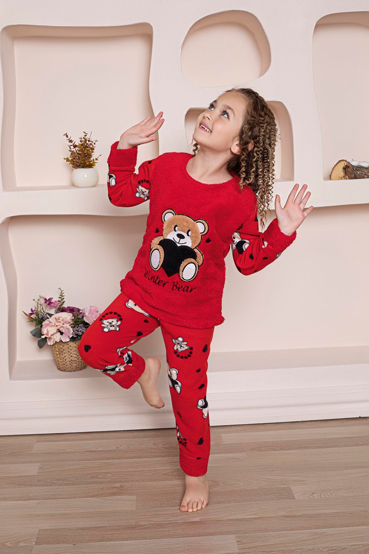 Yeni Sezon Sonbahar/Kış Kız Çocuk Ayıcık Desenli Polar Pijama Takımı 4940