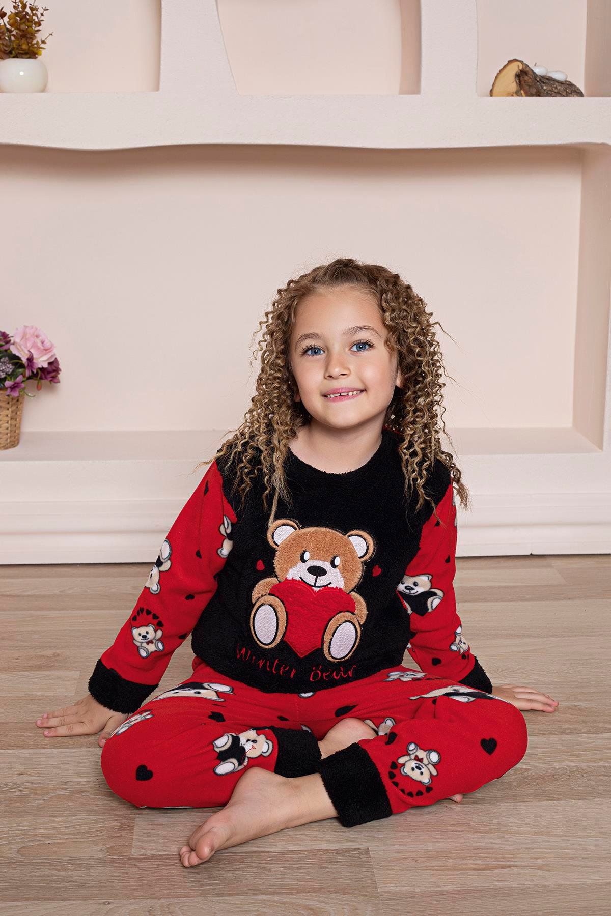 Yeni Sezon Sonbahar/Kış Kız Çocuk Ayıcık Desenli Polar Pijama Takımı 4940