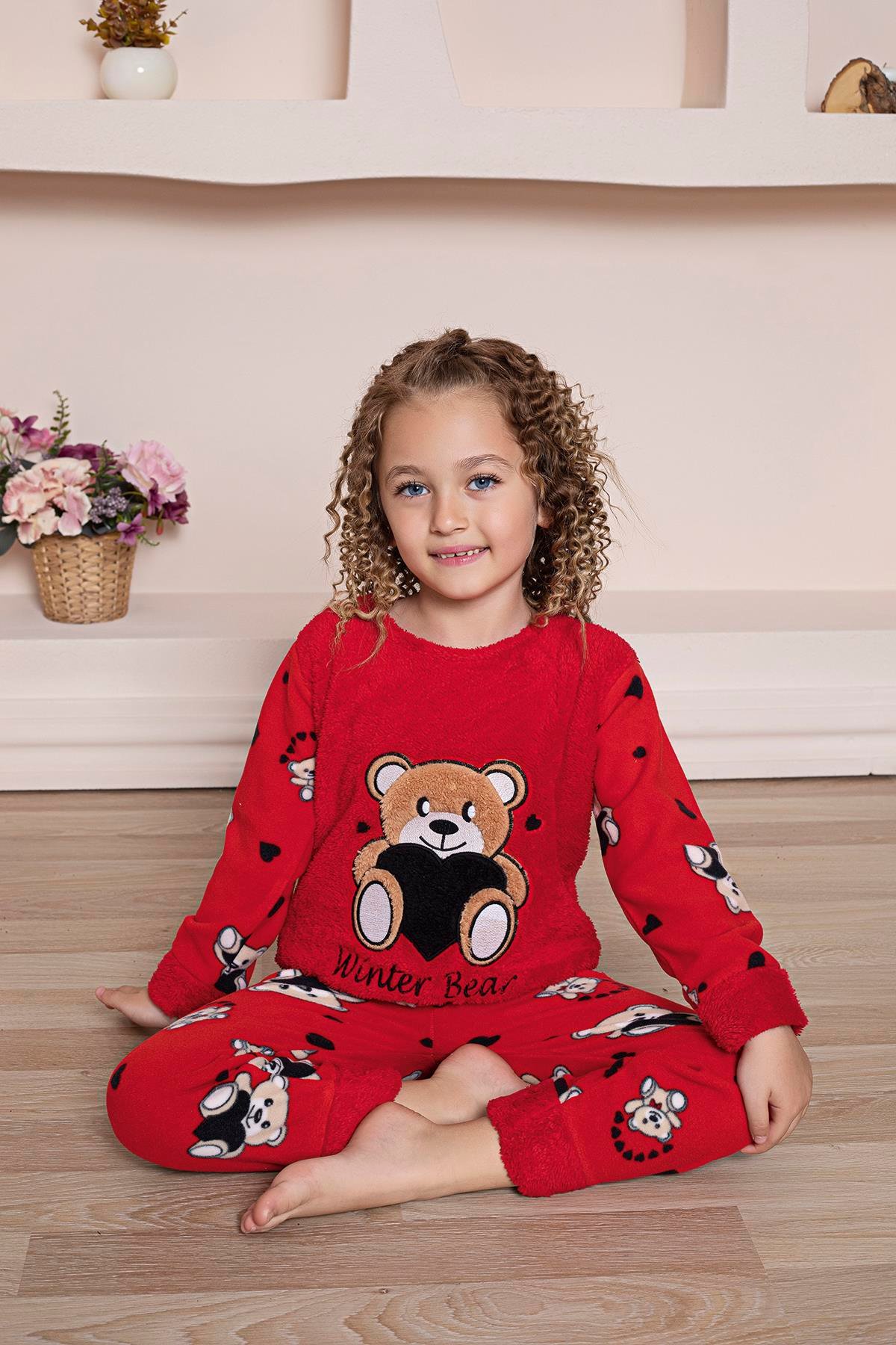 Yeni Sezon Sonbahar/Kış Kız Çocuk Ayıcık Desenli Polar Pijama Takımı 4940