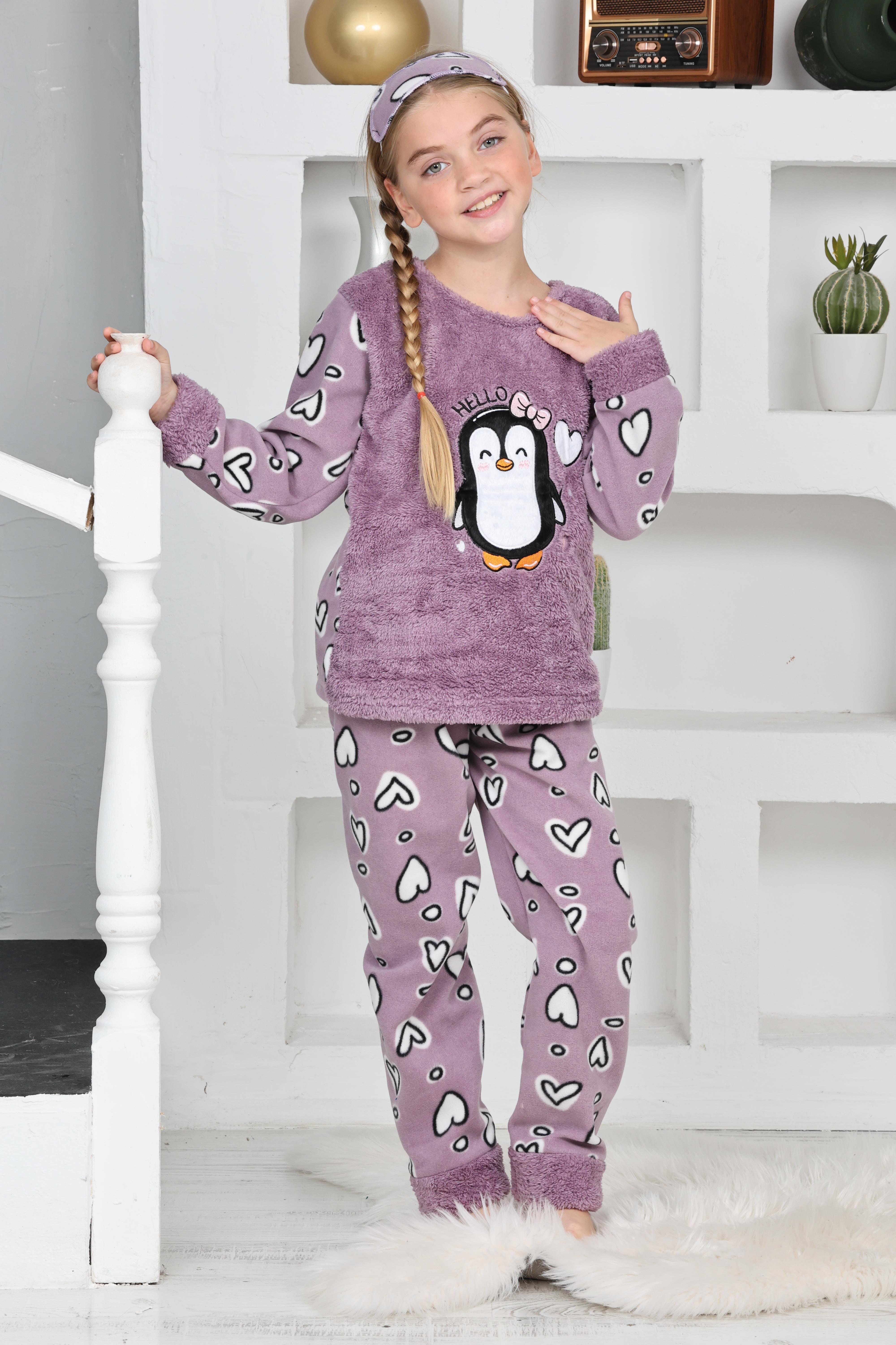 Yeni Sezon Sonbahar/Kış Kız Çocuk Penguen Desenli Polar Pijama Takımı 4994