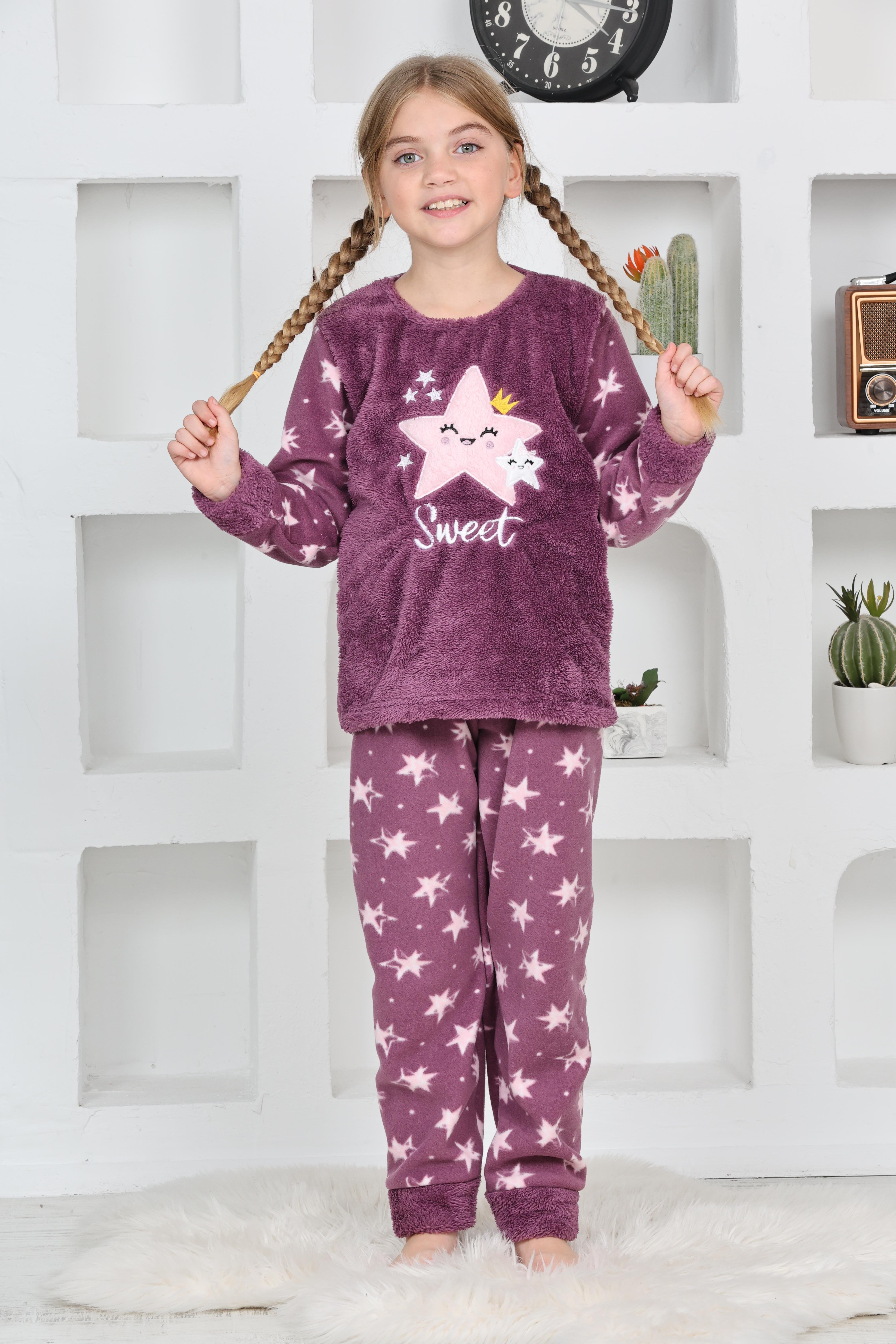 Yeni Sezon Sonbahar/Kış Kız Çocuk Yıldız Desenli Polar Pijama Takımı 4100-Mor