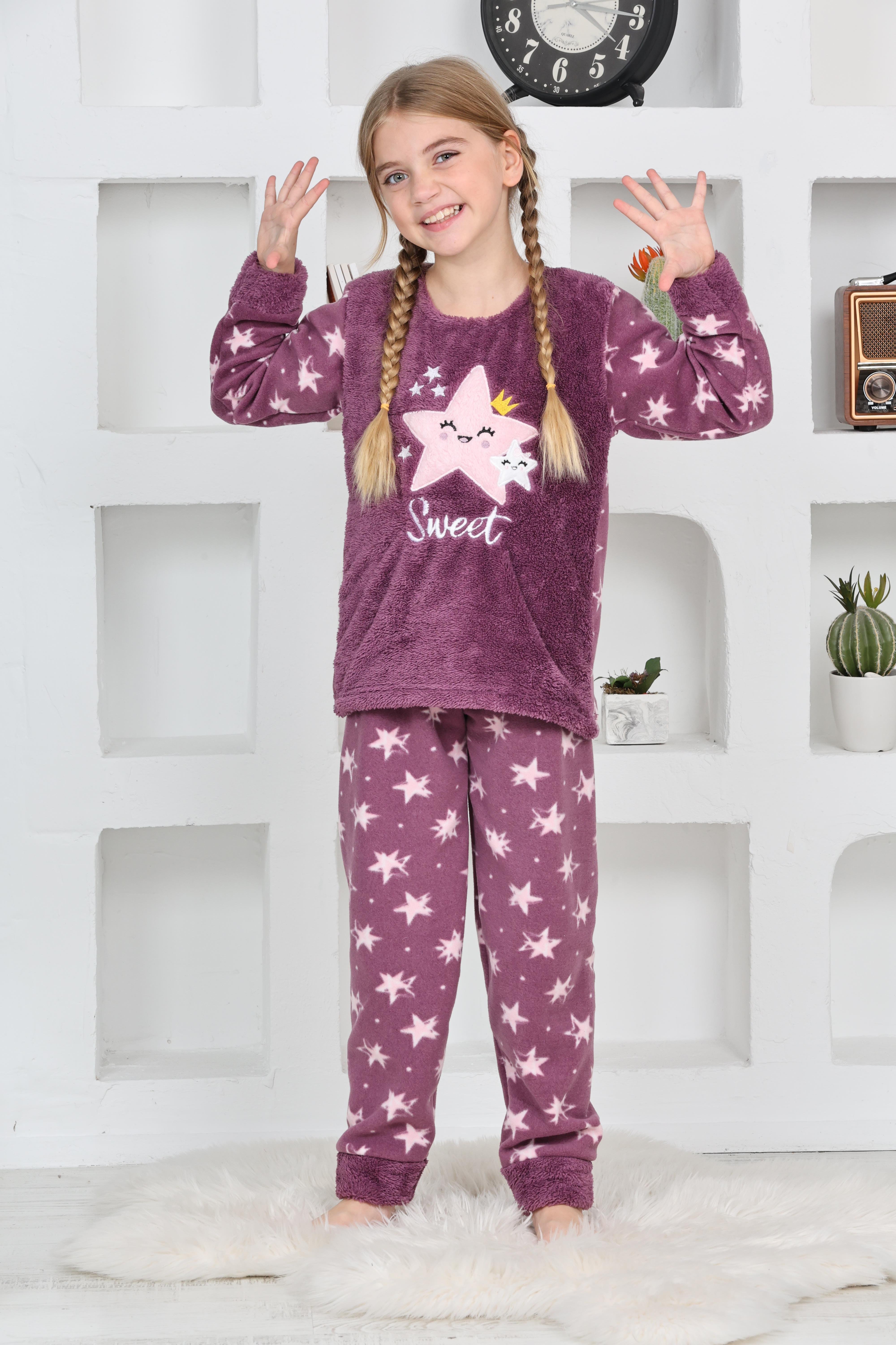 Yeni Sezon Sonbahar/Kış Kız Çocuk Yıldız Desenli Polar Pijama Takımı 4100-Mor