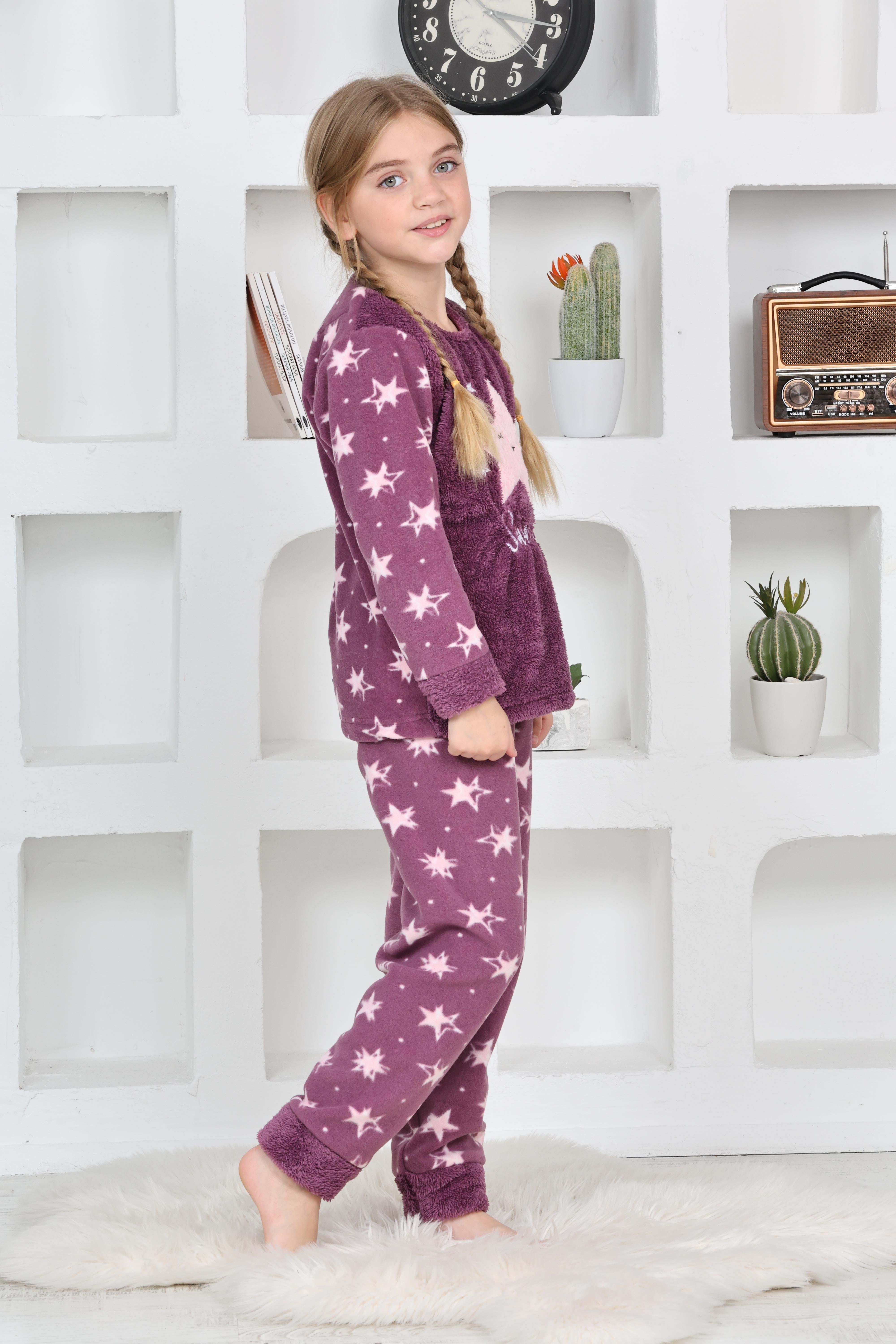 Yeni Sezon Sonbahar/Kış Kız Çocuk Yıldız Desenli Polar Pijama Takımı 4100-Mor