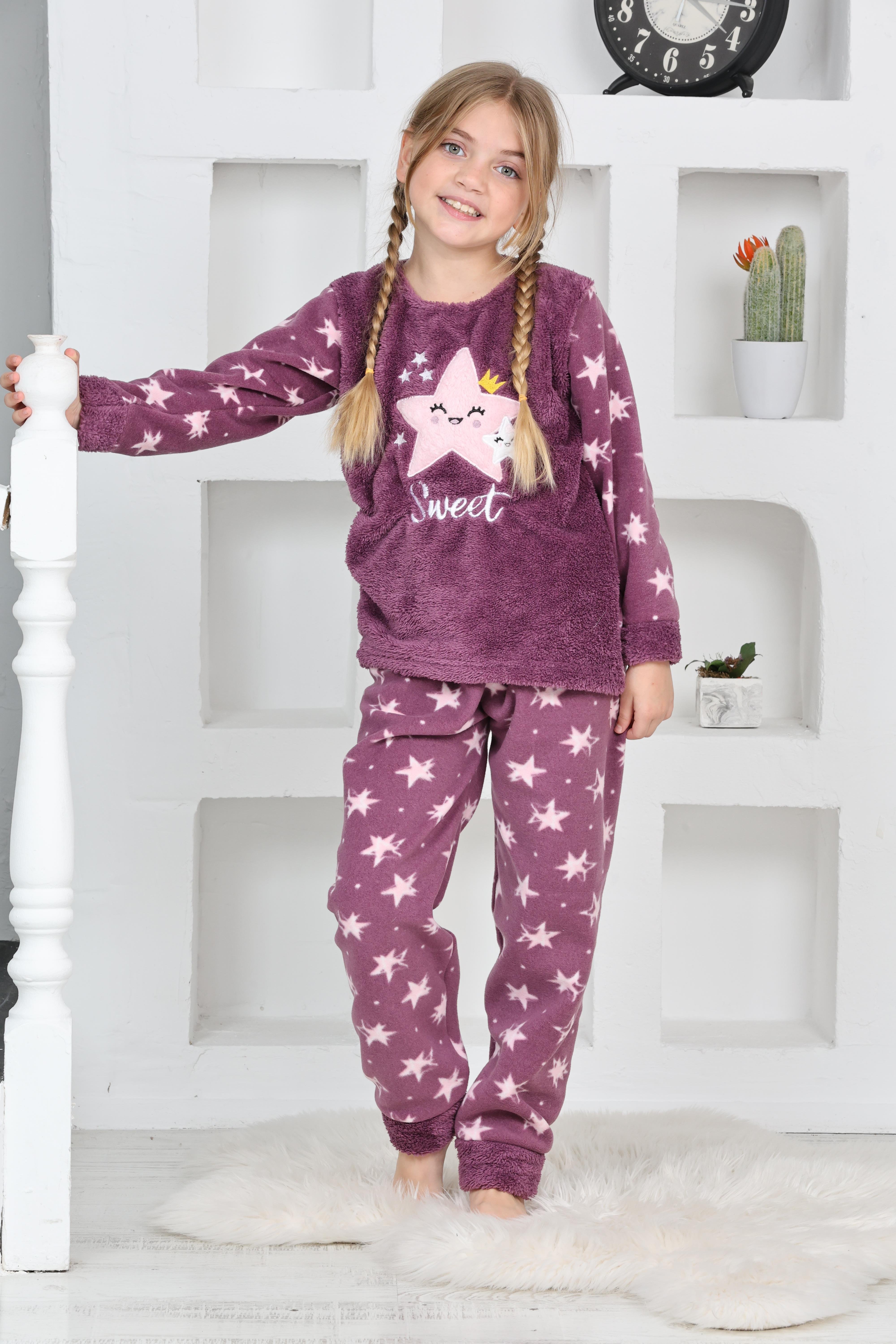 Yeni Sezon Sonbahar/Kış Kız Çocuk Yıldız Desenli Polar Pijama Takımı 4100-Mor
