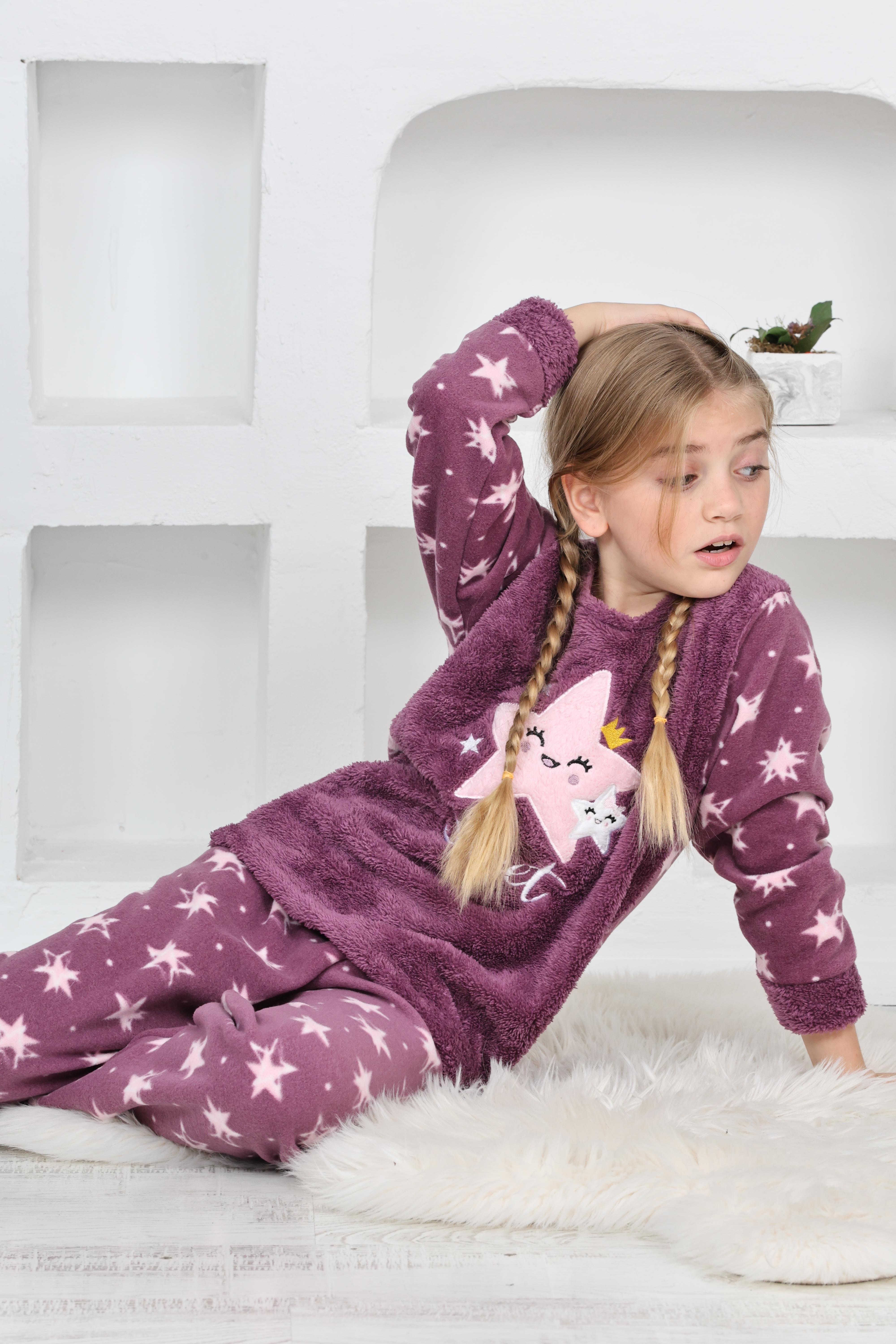 Yeni Sezon Sonbahar/Kış Kız Çocuk Yıldız Desenli Polar Pijama Takımı 4100-Mor