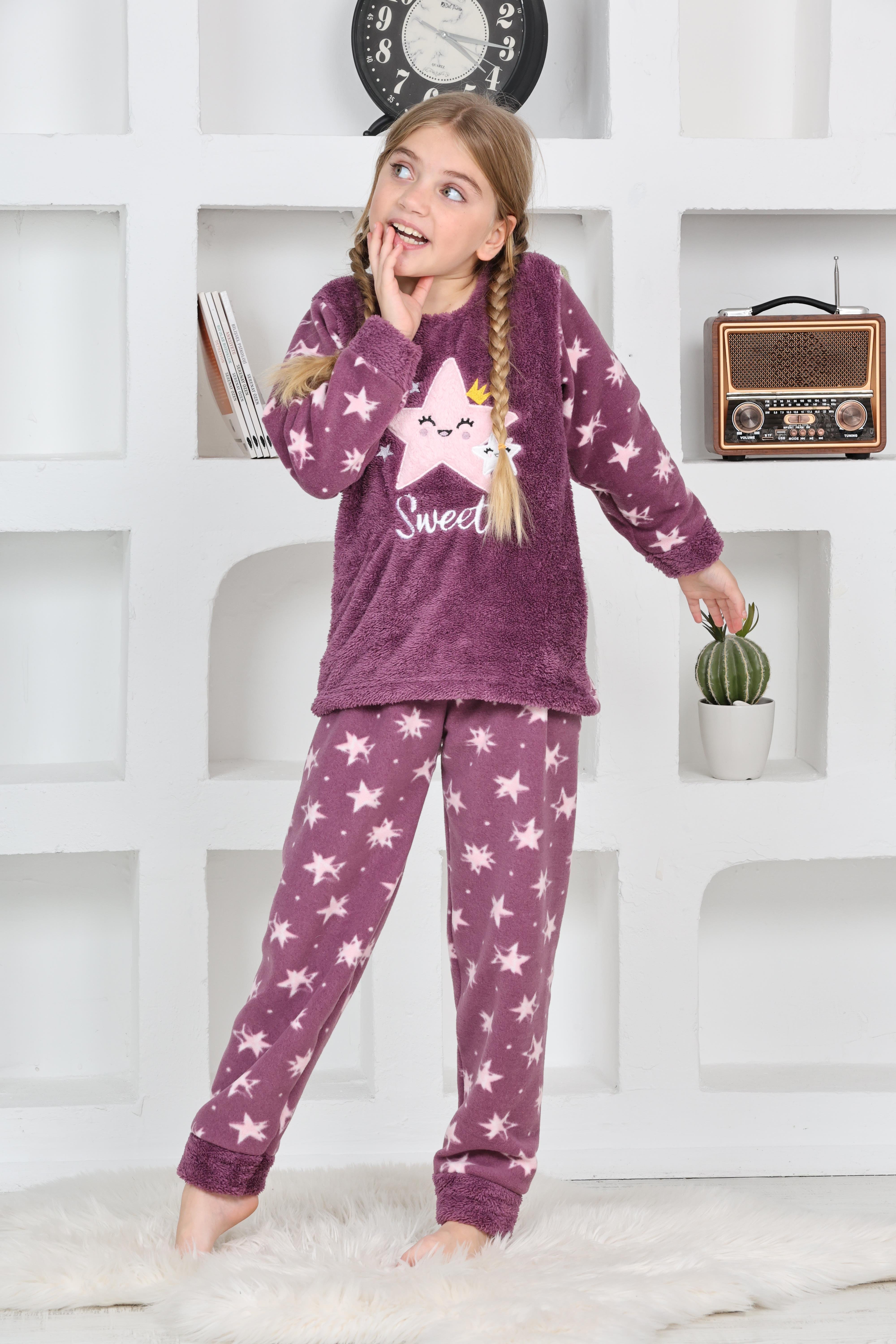 Yeni Sezon Sonbahar/Kış Kız Çocuk Yıldız Desenli Polar Pijama Takımı 4100-Mor