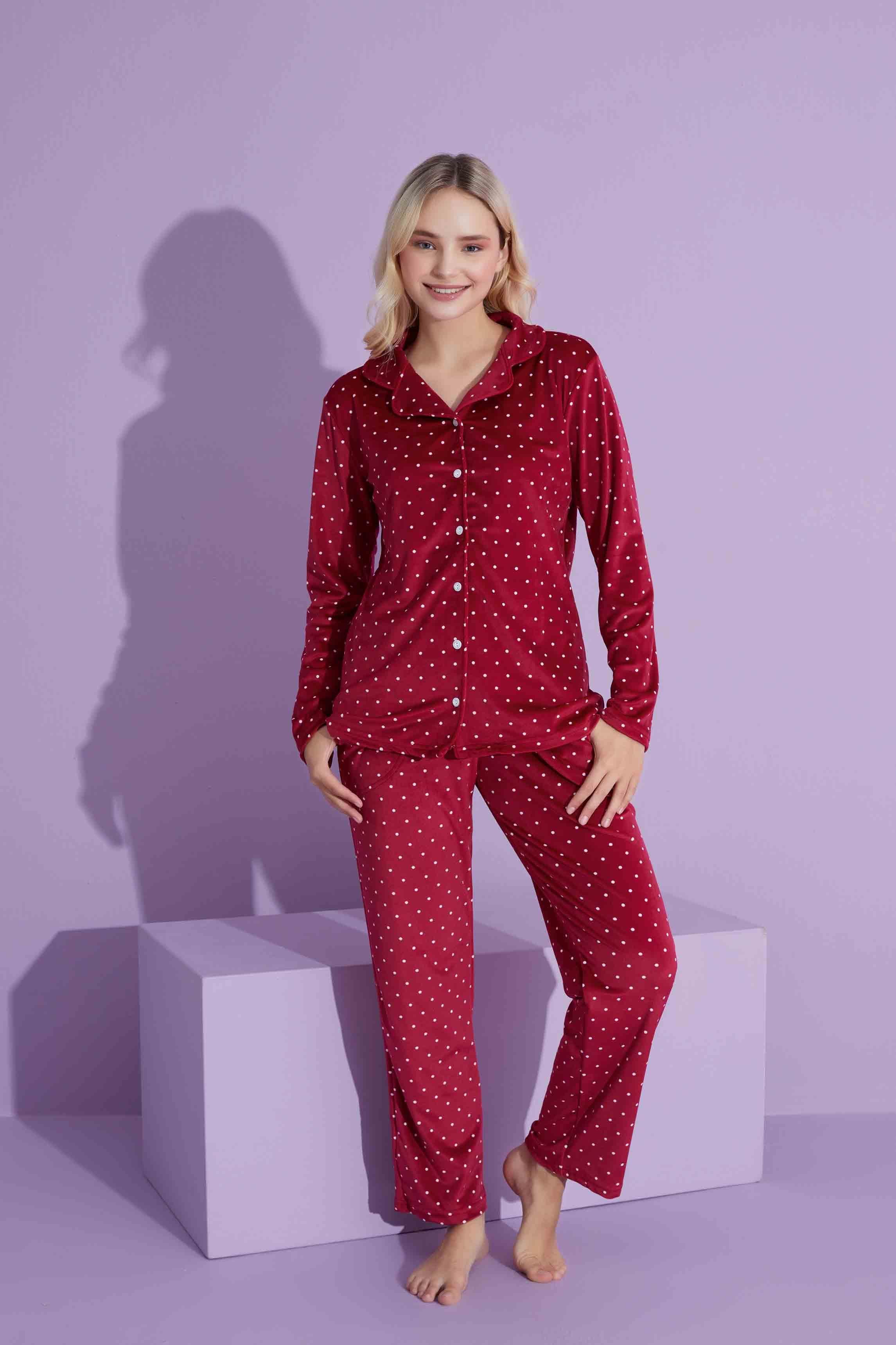 Yeni Sezon Trend Model Boydan Düğmeli Kadife Anne/Kız Çocuk Pijama Takımı 2800-Bordo Puantiyeli