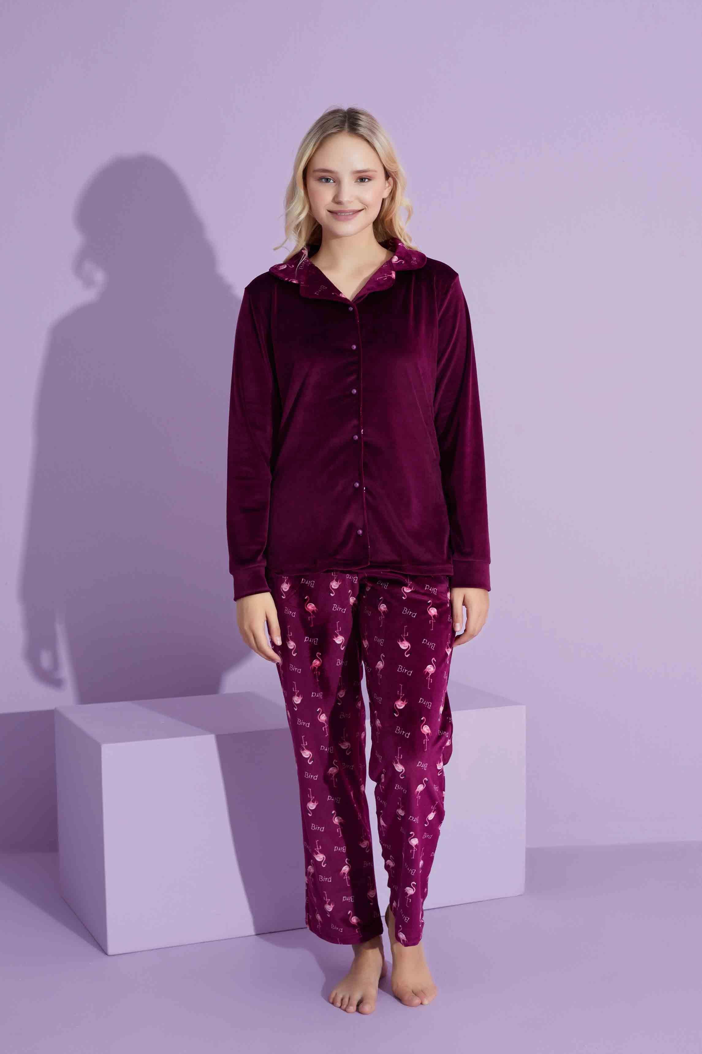 Yeni Sezon Trend Model Boydan Düğmeli Kadife Anne/Kız Çocuk Pijama Takımı 2776-Mürdüm Flamingo