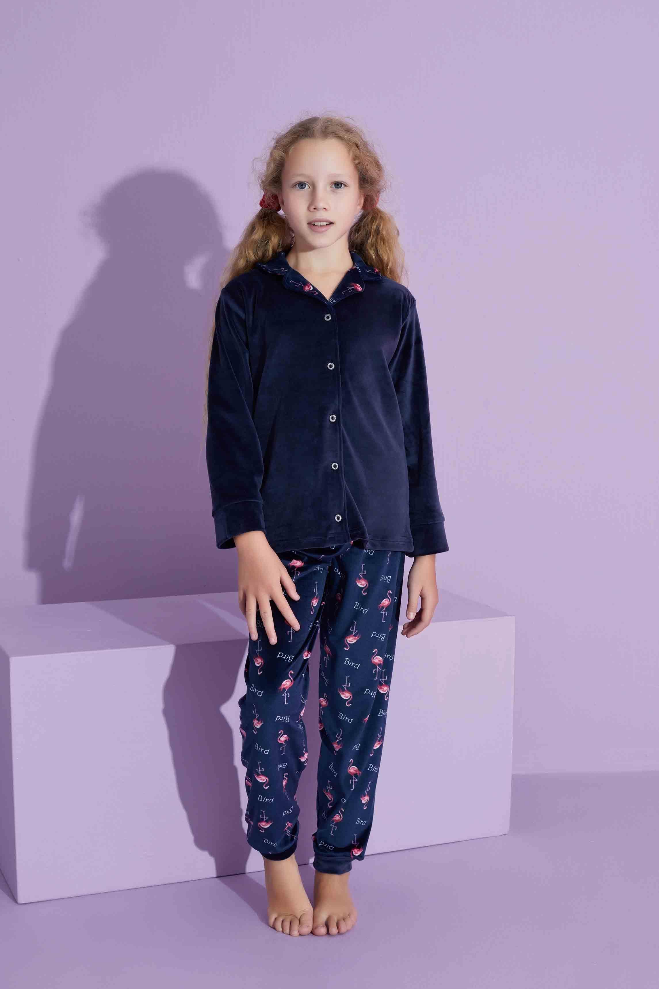 Yeni Sezon Trend Model Boydan Düğmeli Kadife Anne/Kız Çocuk Pijama Takımı 2800-Lacivert Flamingo