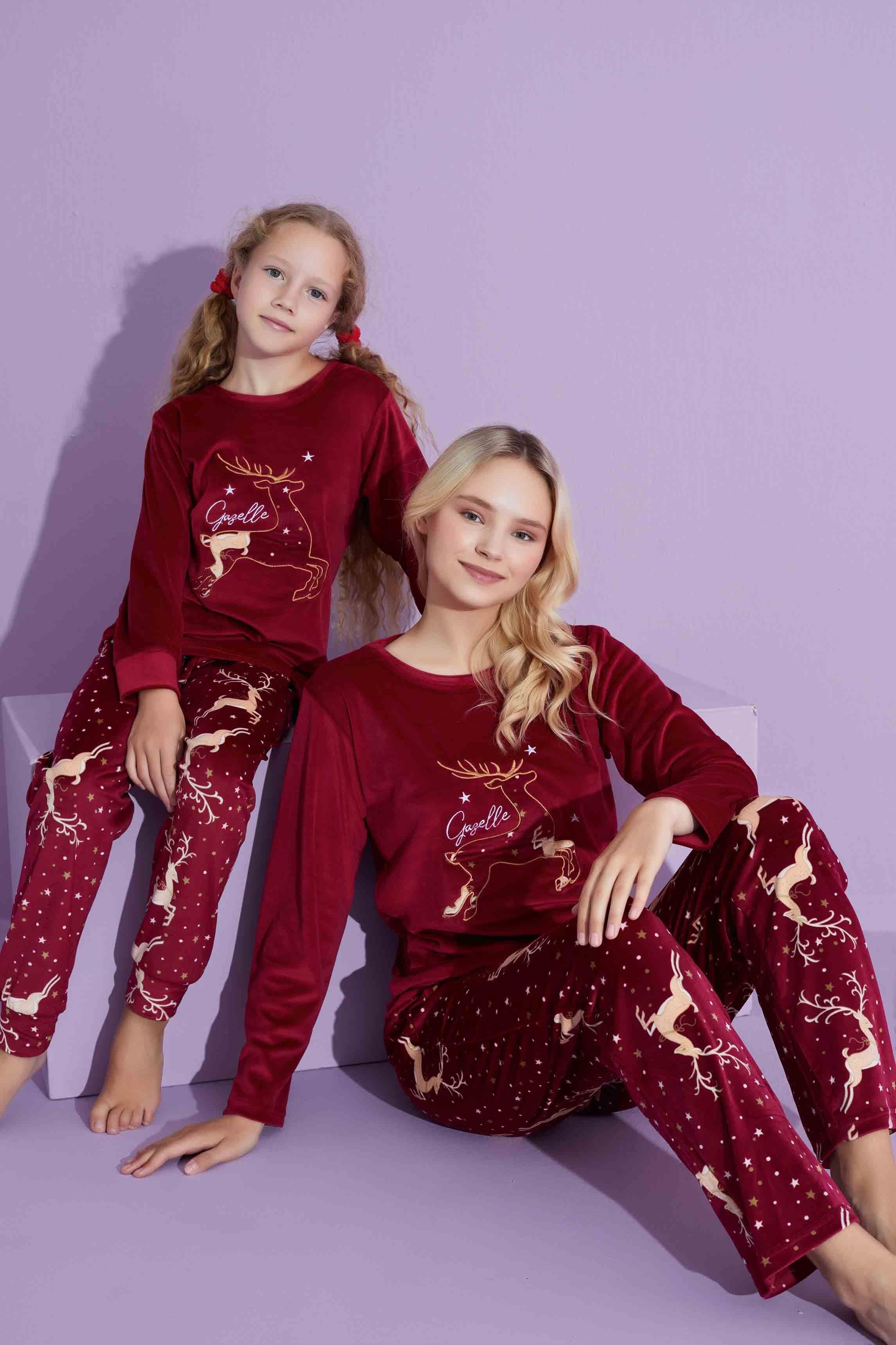 Yeni Sezon Trend Model Kadife Anne/Kız Çocuk Pijama Takımı 2776-Bordo
