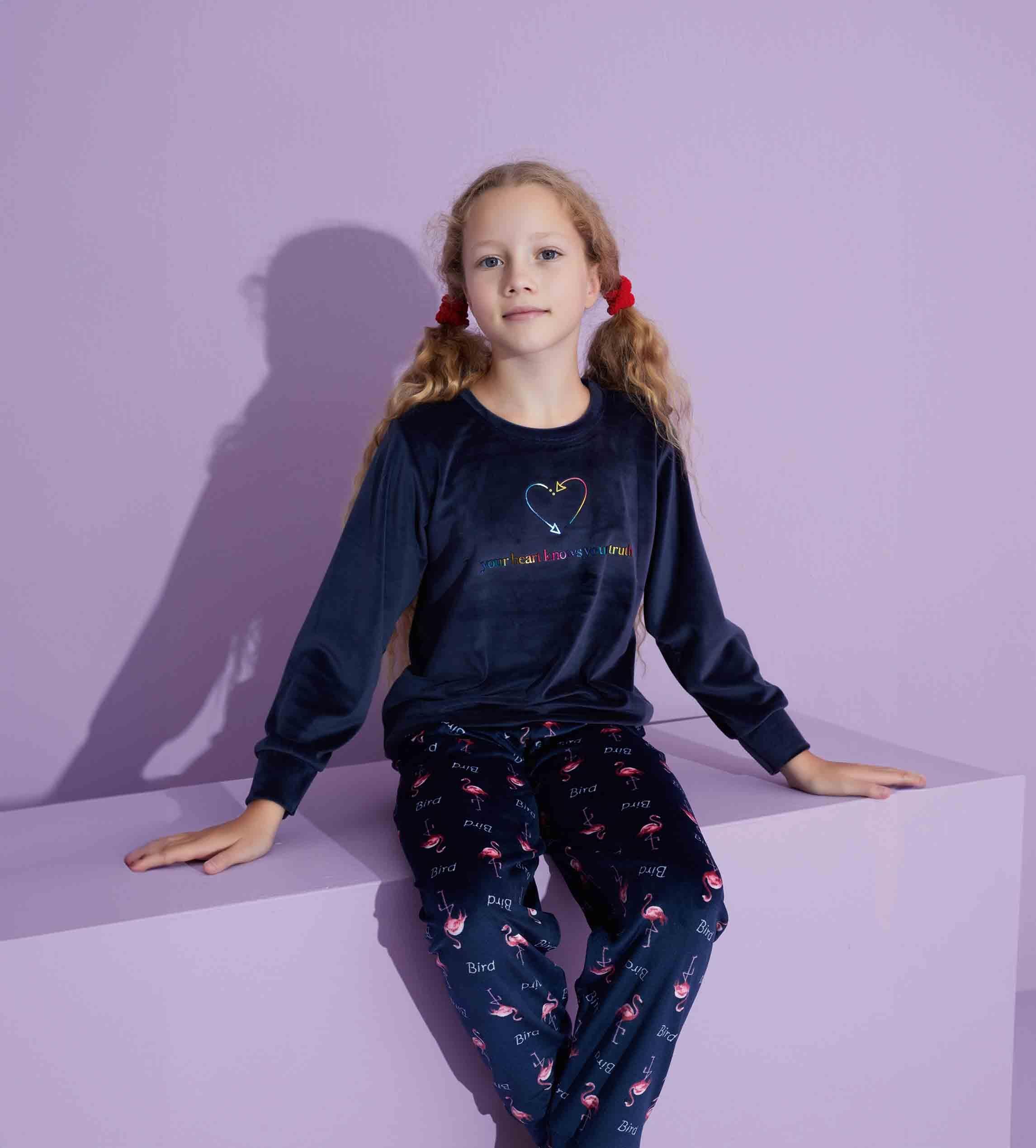 Yeni Sezon Trend Model Kadife Anne/Kız Çocuk Pijama Takımı 2776-Lacivert Flamingo