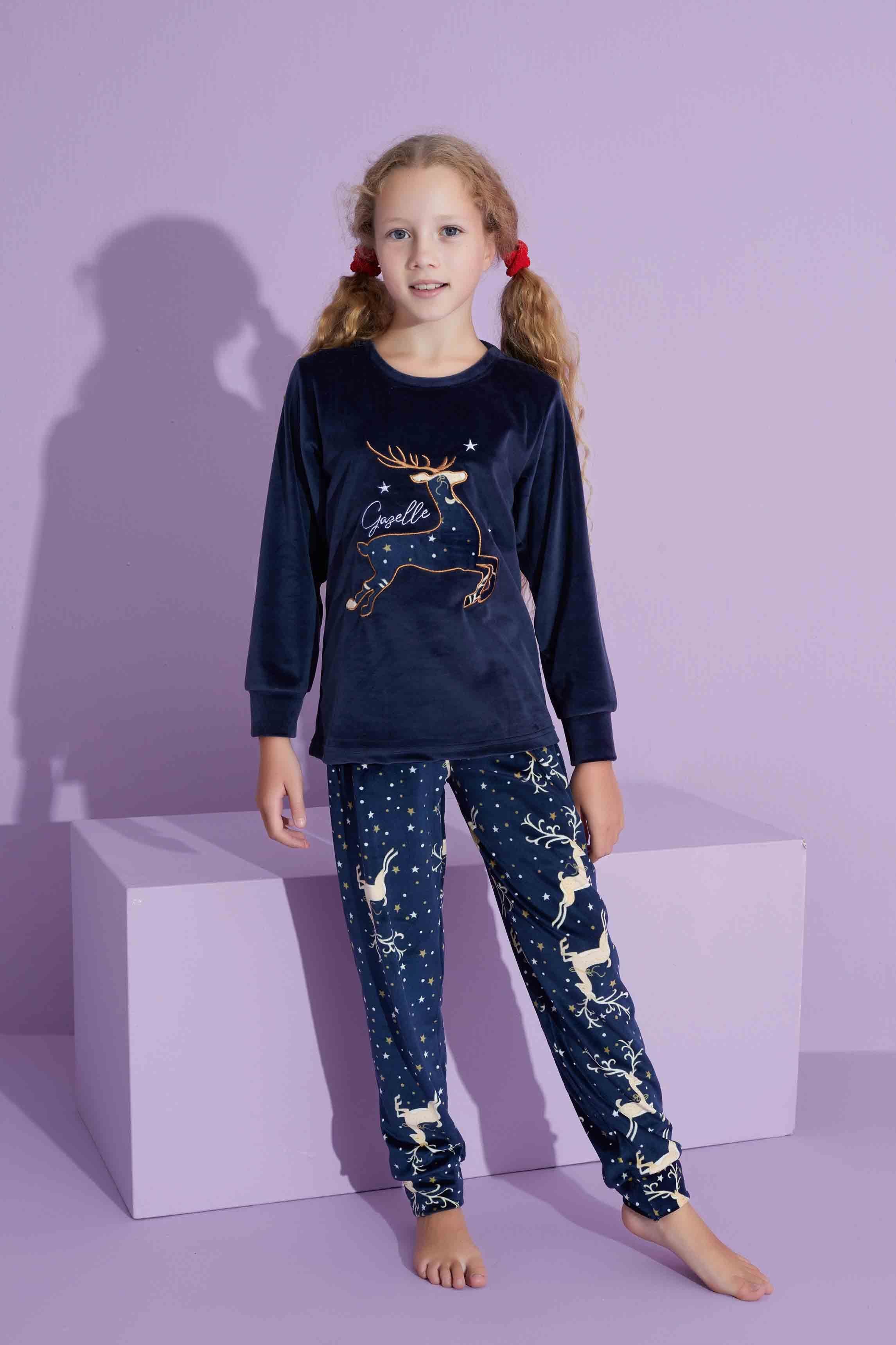 Yeni Sezon Trend Model Kadife Anne/Kız Çocuk Pijama Takımı 2776-Lacivert