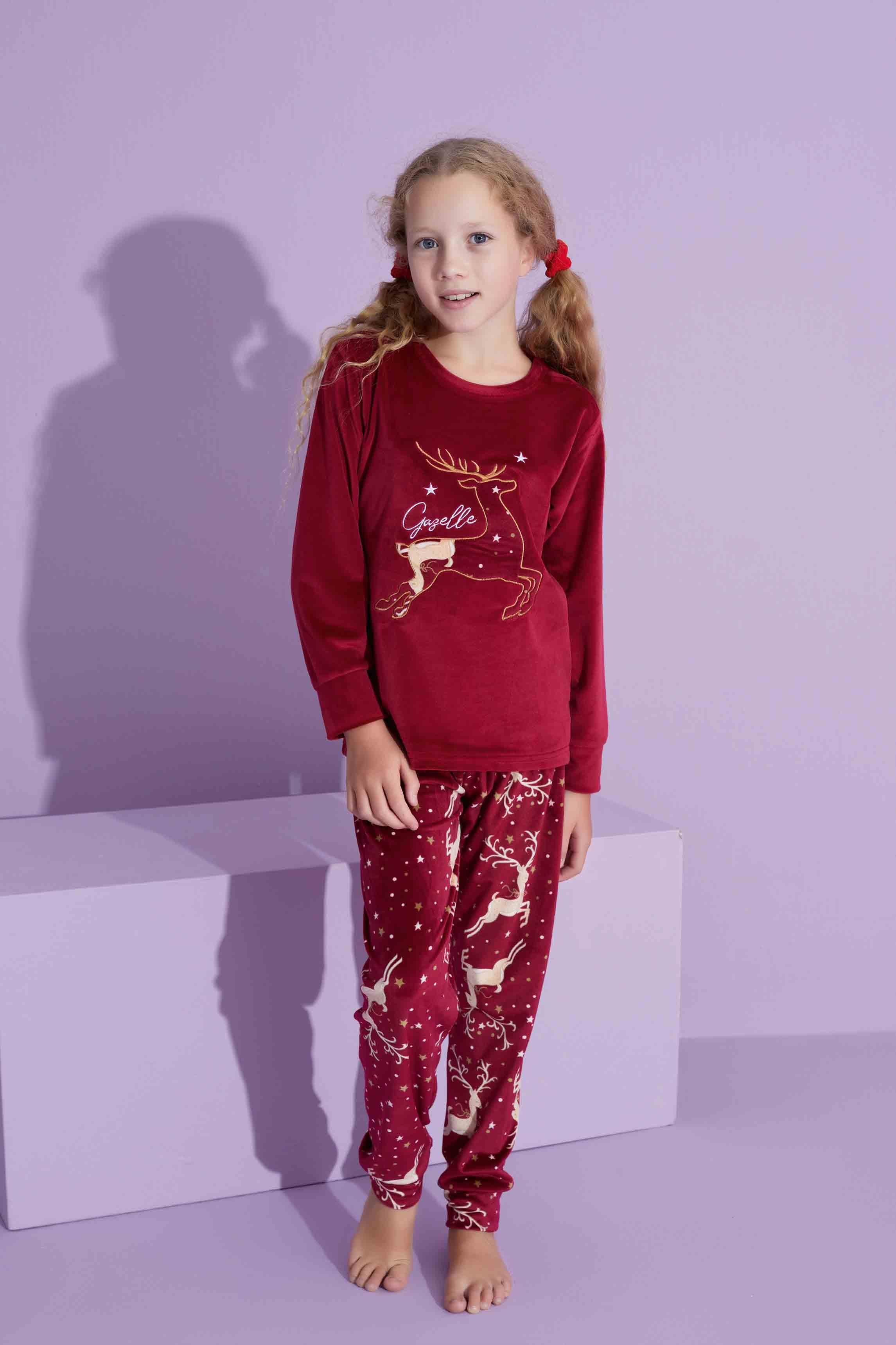 Yeni Sezon Trend Model Kadife Anne/Kız Çocuk Pijama Takımı 2776-Bordo