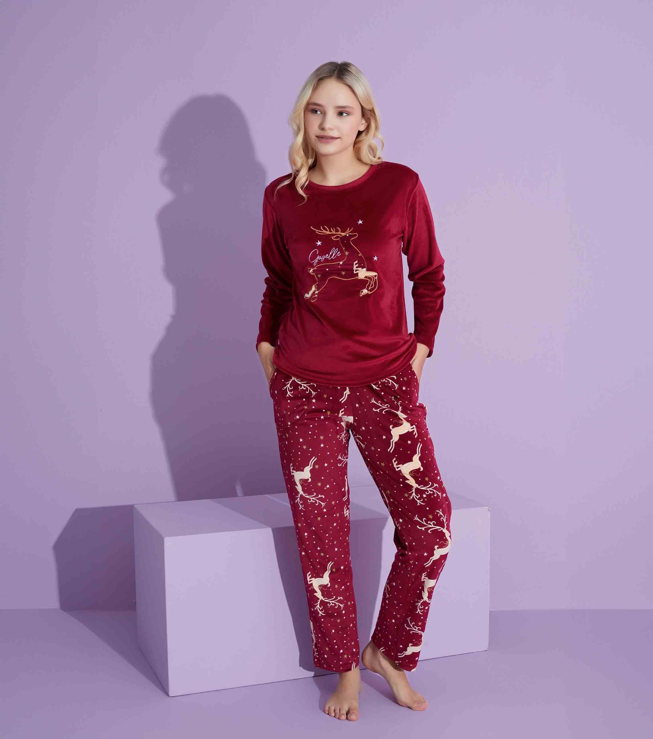 Yeni Sezon Trend Model Kadife Anne/Kız Çocuk Pijama Takımı 2776-Bordo