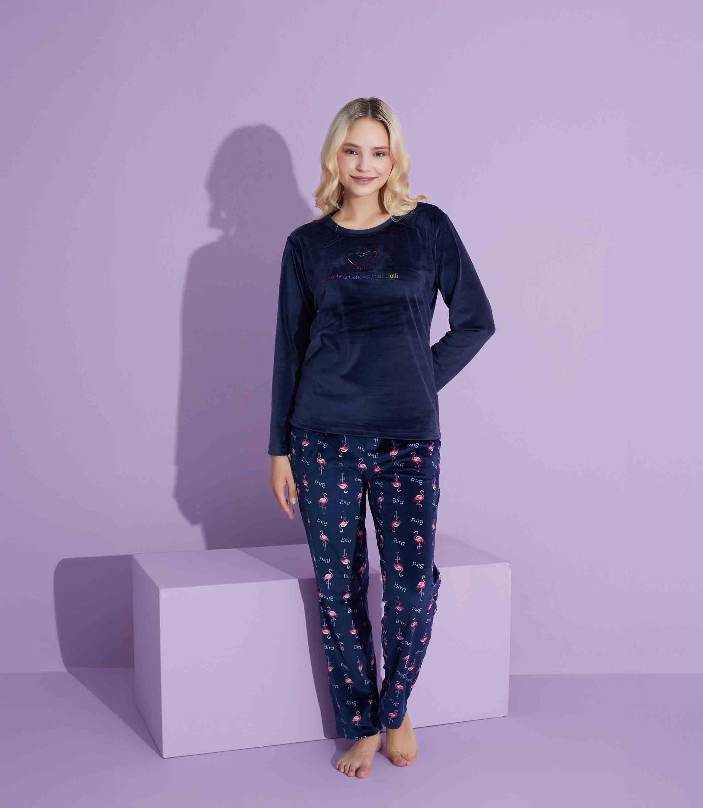 Yeni Sezon Trend Model Kadife Anne/Kız Çocuk Pijama Takımı 2776-Lacivert Flamingo