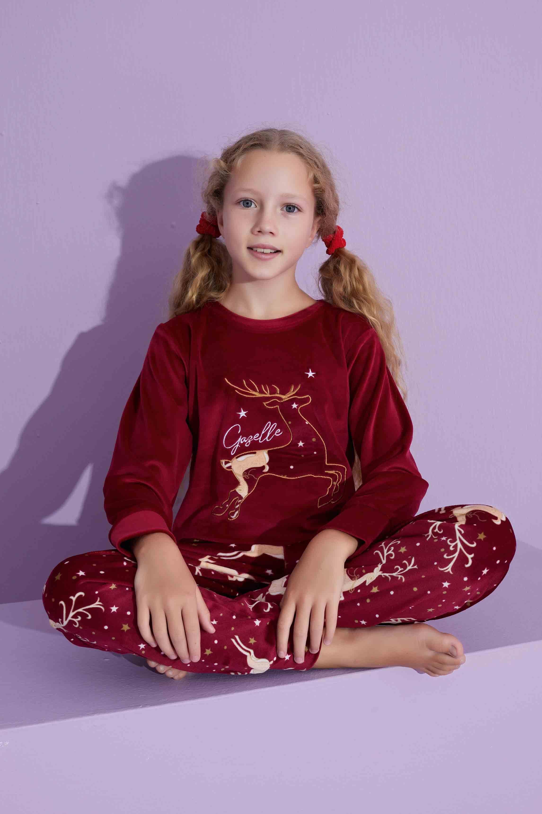 Yeni Sezon Trend Model Kadife Anne/Kız Çocuk Pijama Takımı 2776-Bordo