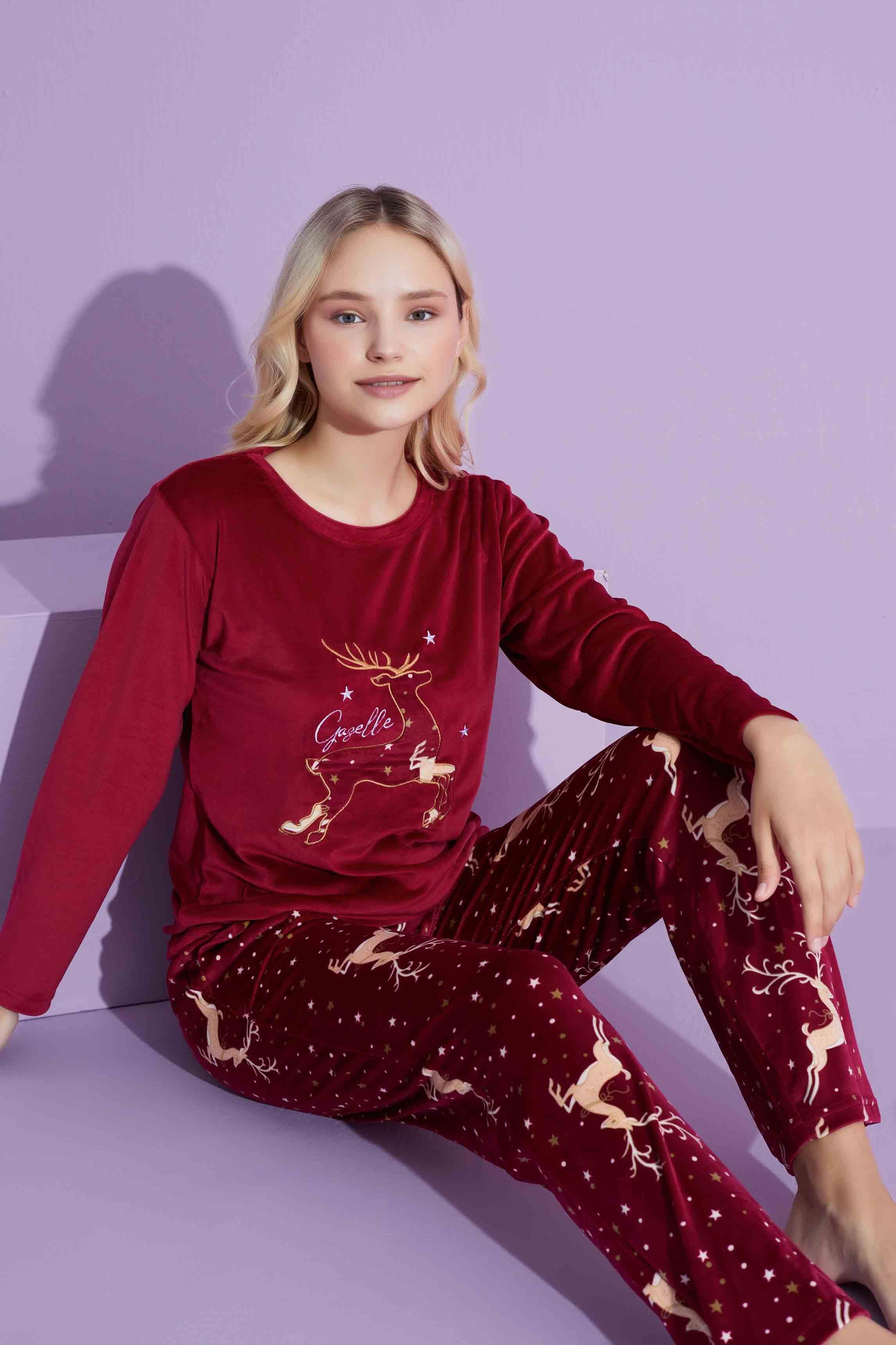 Yeni Sezon Trend Model Kadife Anne/Kız Çocuk Pijama Takımı 2776-Bordo