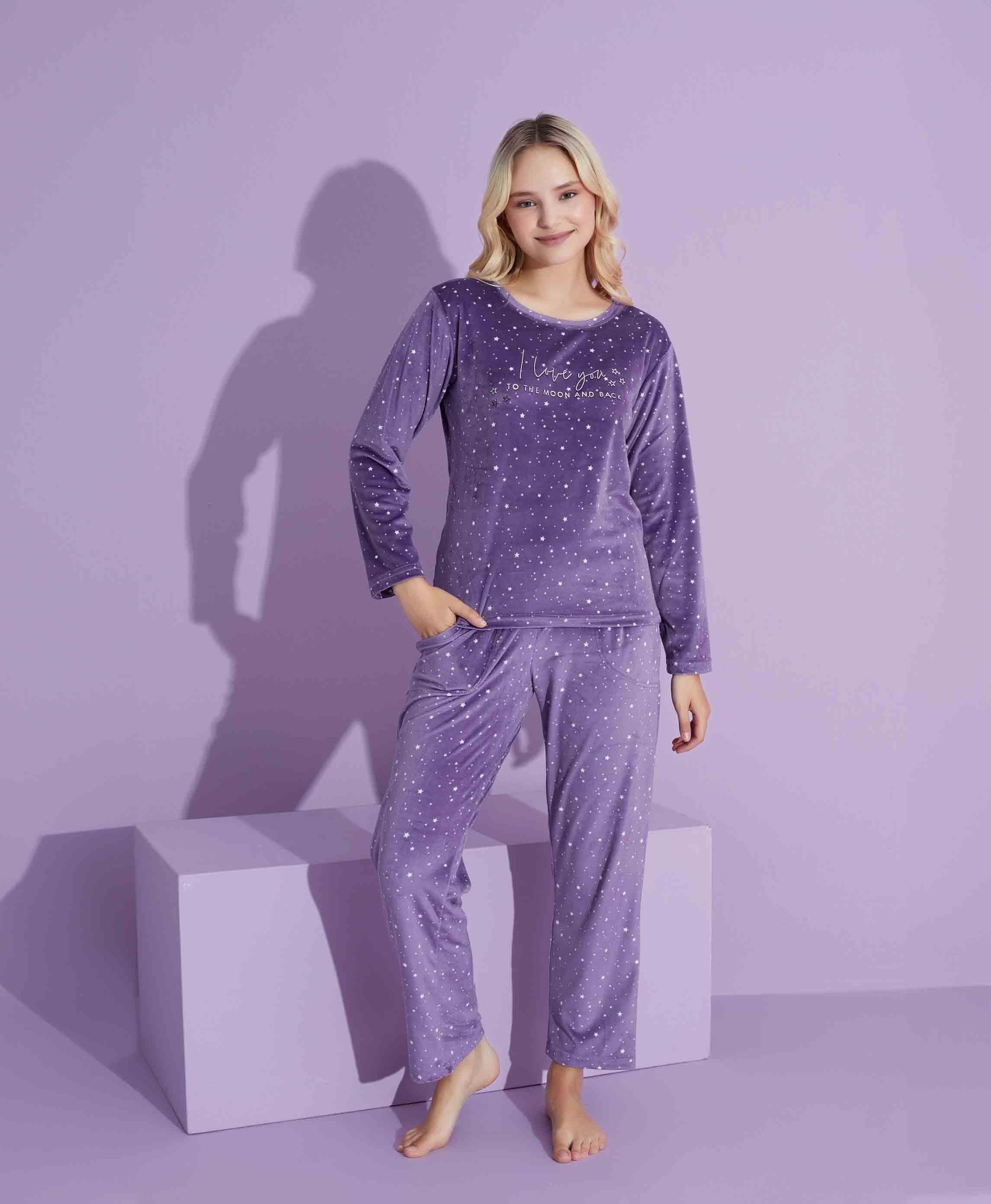 Yeni Sezon Yıldız Desenli Trend Model Kadife Anne/Kız Çocuk Pijama Takımı 2776-Lila