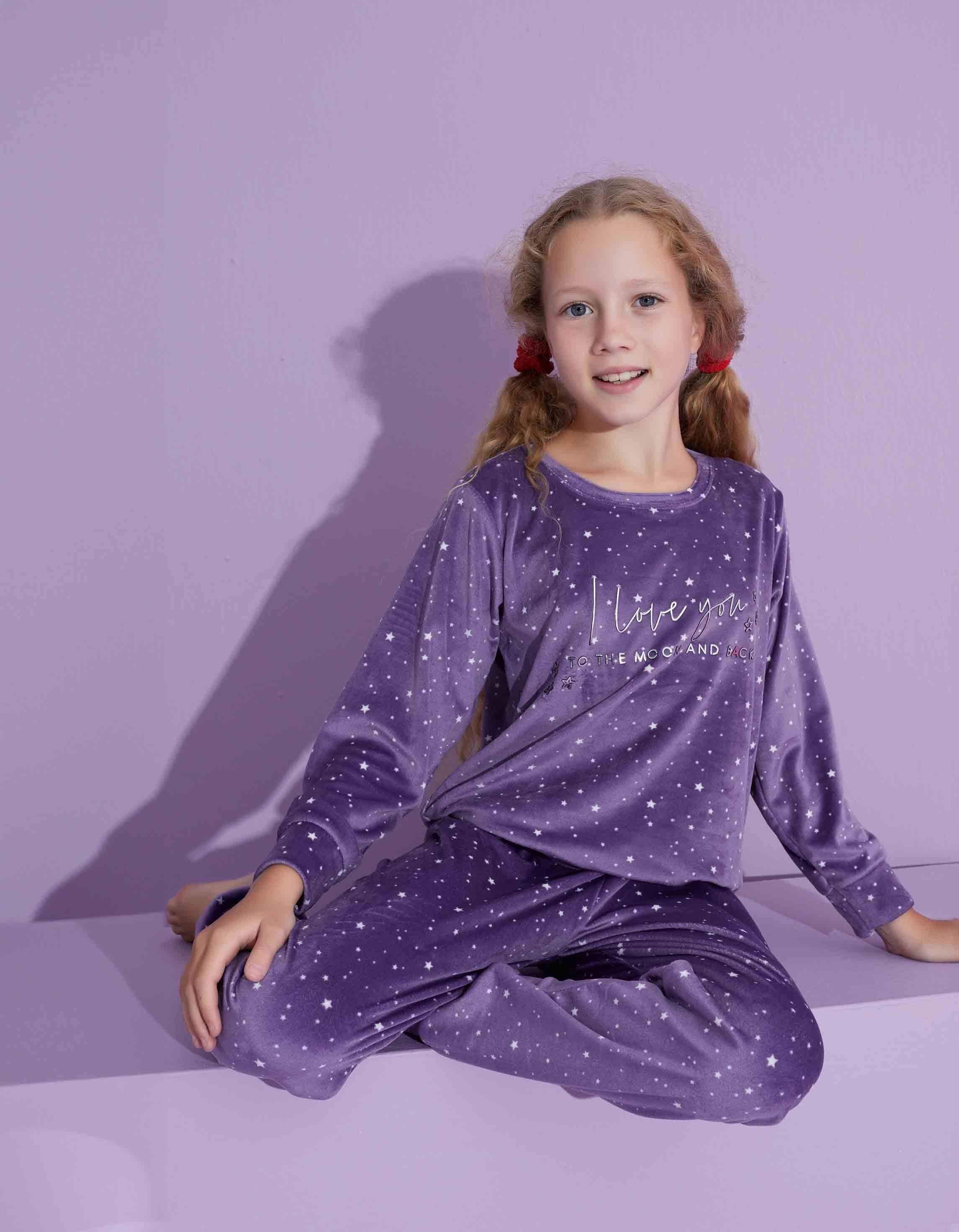 Yeni Sezon Yıldız Desenli Trend Model Kadife Anne/Kız Çocuk Pijama Takımı 2776-Lila