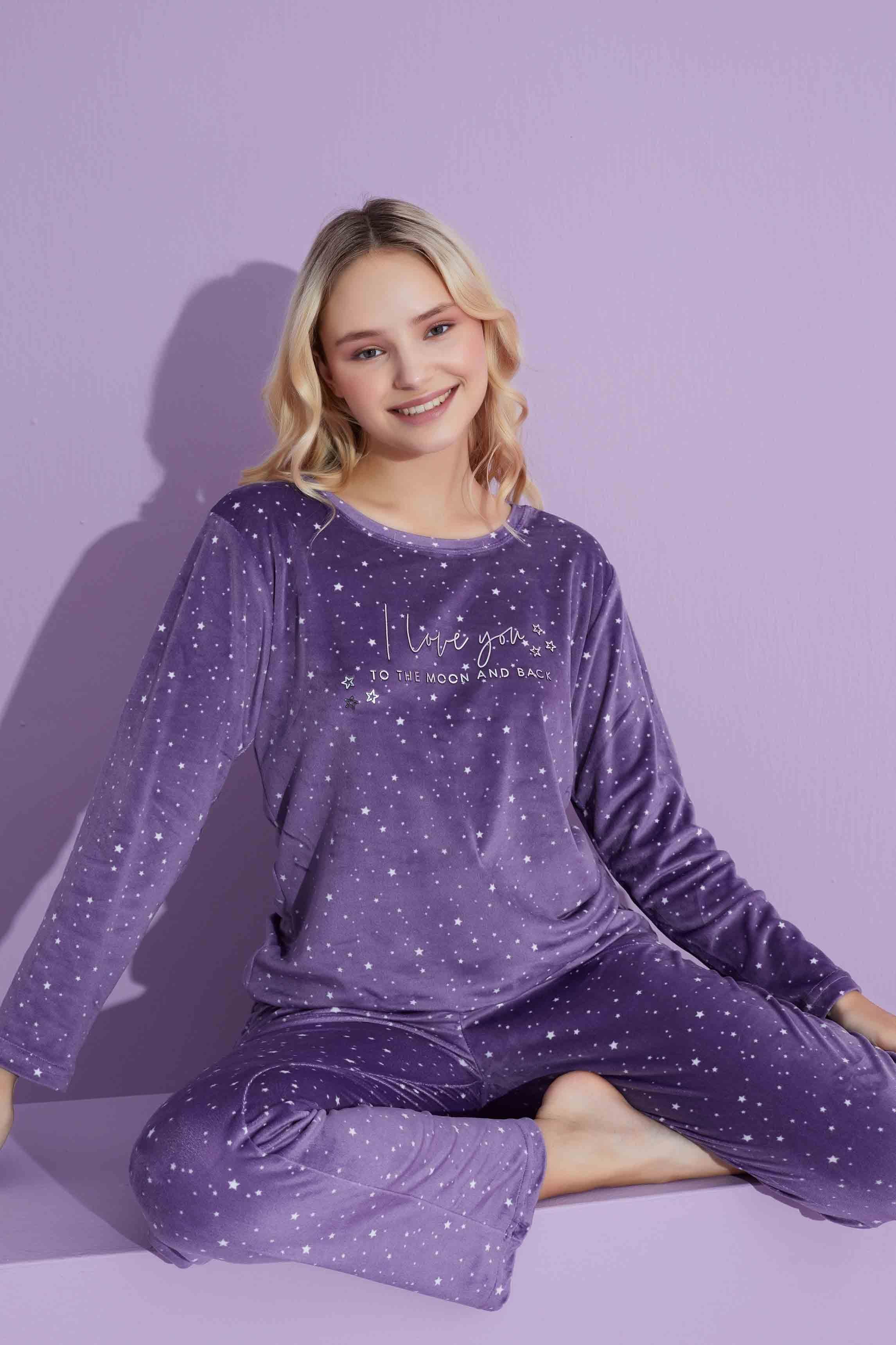Yeni Sezon Yıldız Desenli Trend Model Kadife Anne/Kız Çocuk Pijama Takımı 2776-Lila