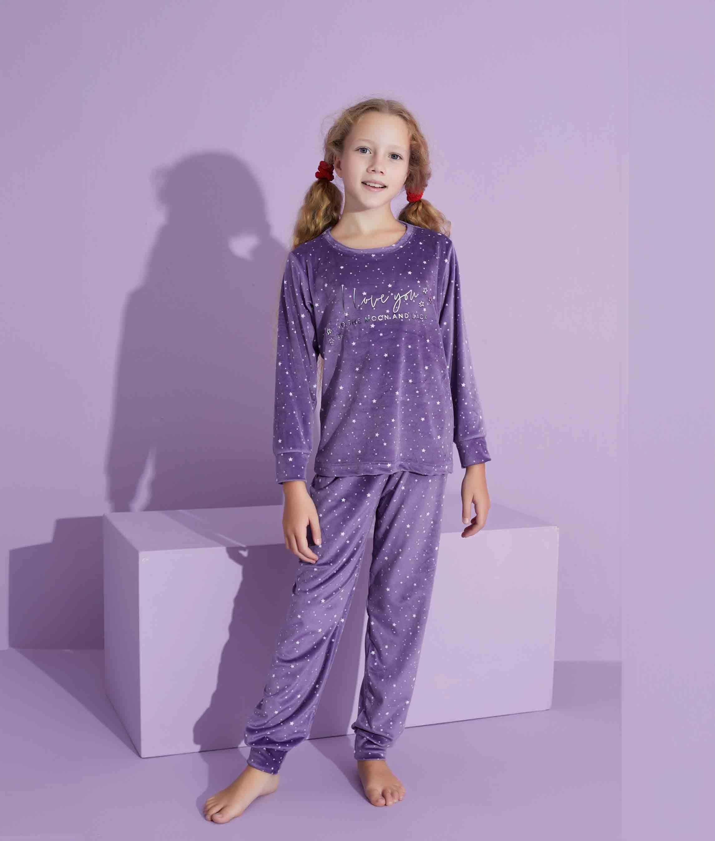 Yeni Sezon Yıldız Desenli Trend Model Kadife Anne/Kız Çocuk Pijama Takımı 2776-Lila