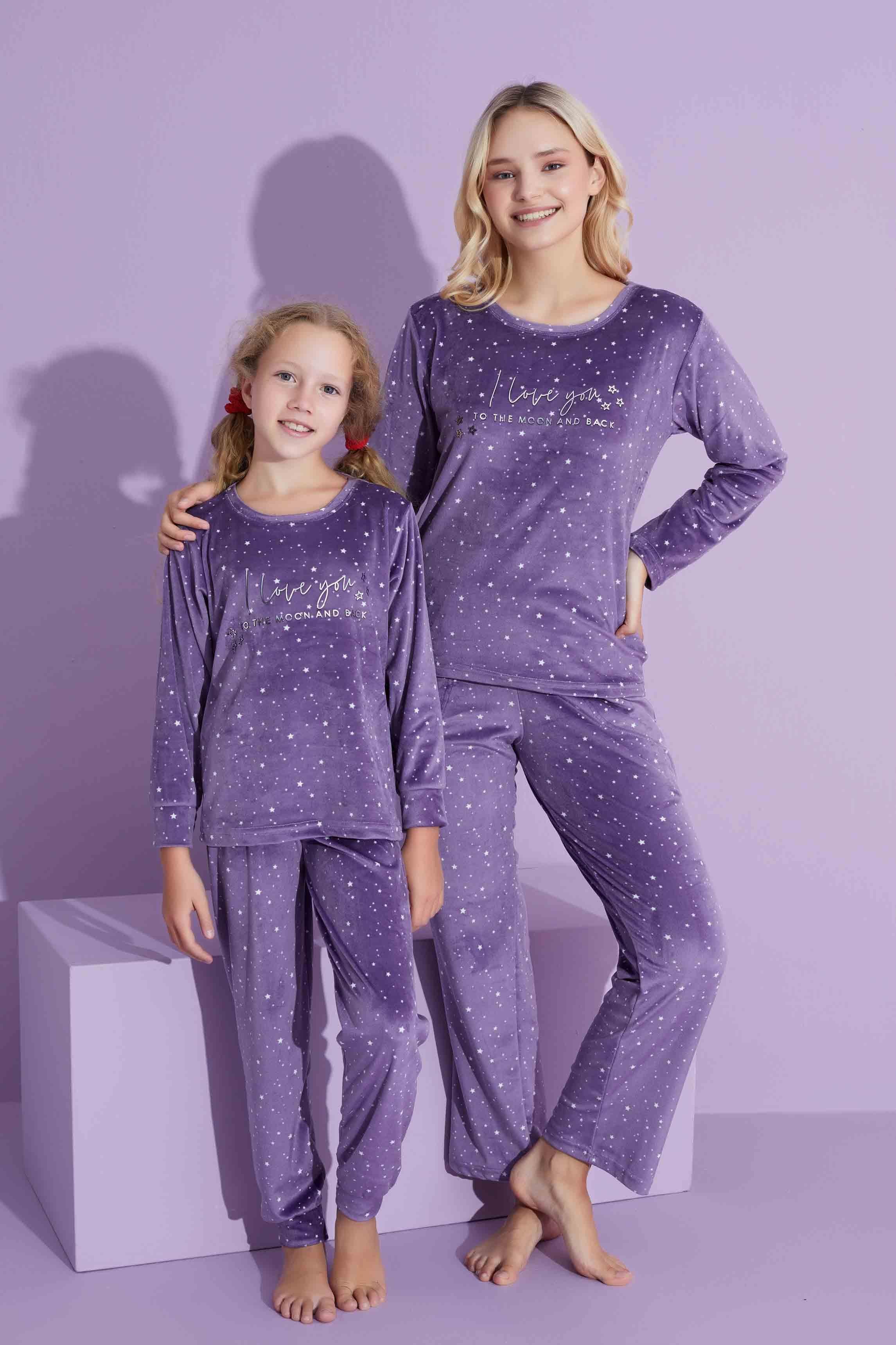 Yeni Sezon Yıldız Desenli Trend Model Kadife Anne/Kız Çocuk Pijama Takımı 2776-Lila