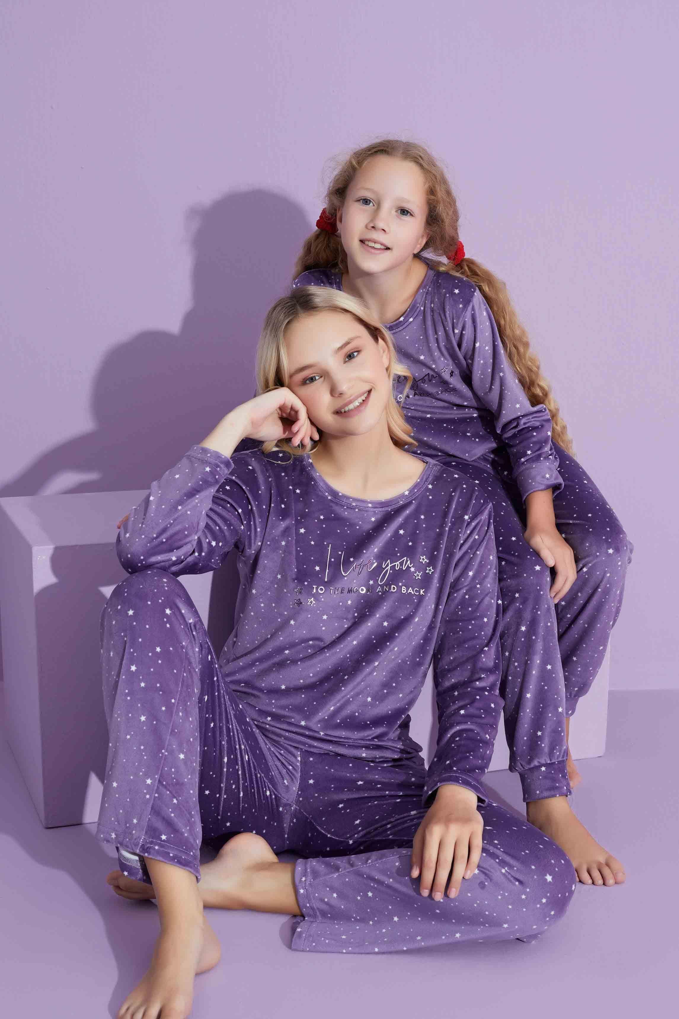 Yeni Sezon Yıldız Desenli Trend Model Kadife Anne/Kız Çocuk Pijama Takımı 2776-Lila