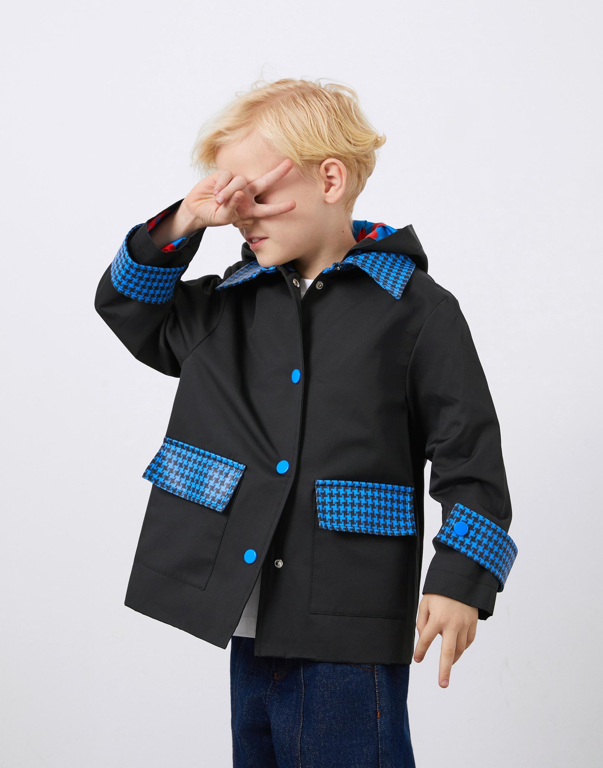  İç Astarı Desenli Kapüşonu Çıkarılabilir Siyah Kız Çocuk Yağmurluk - junior, designer dresses, bachelorette, party dresses and graduation dresses.