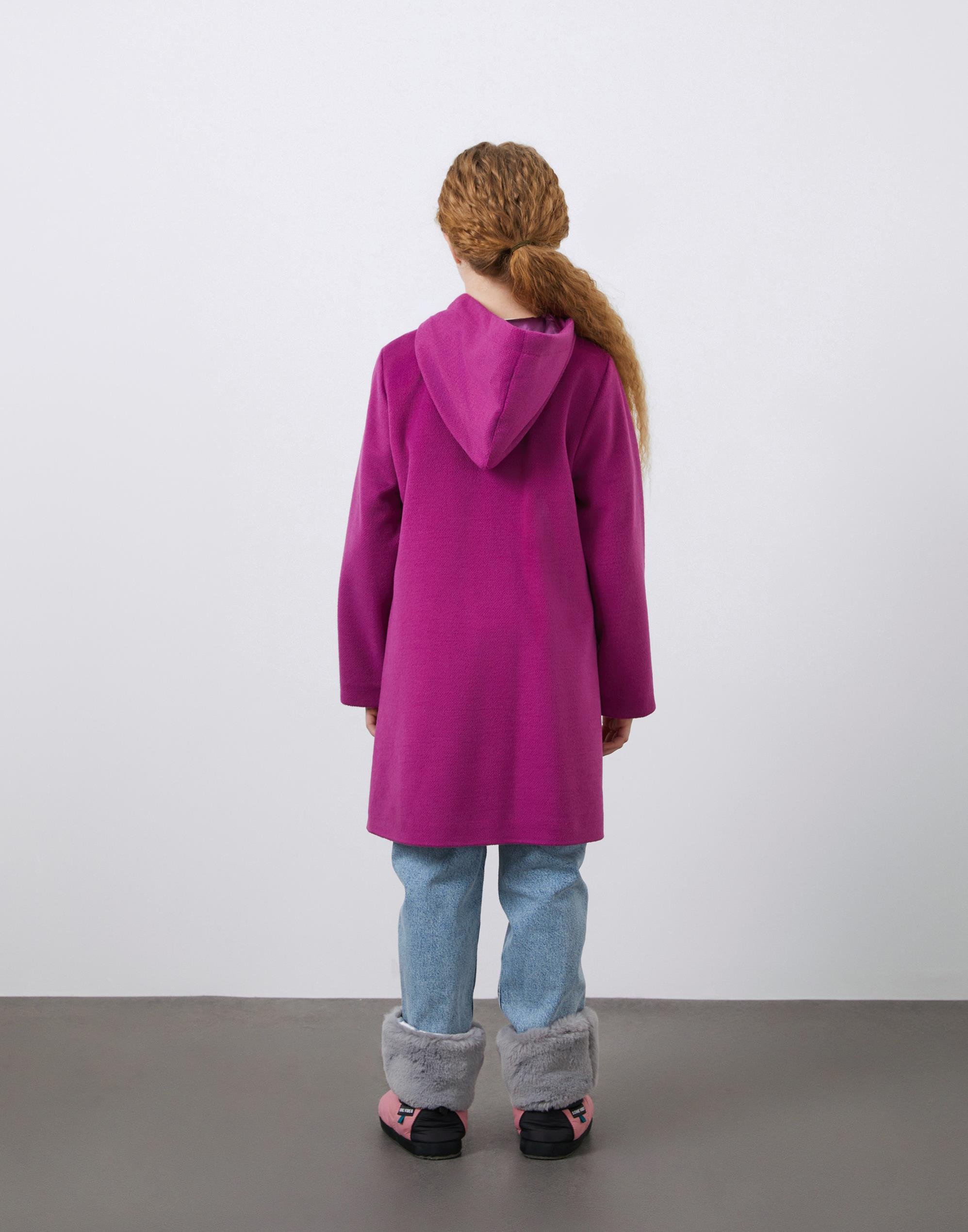 Aplike Detaylı Kapüşonlu Kaşe Kız Çocuk Kaban - junior, designer dresses, bachelorette, party dresses and graduation dresses.