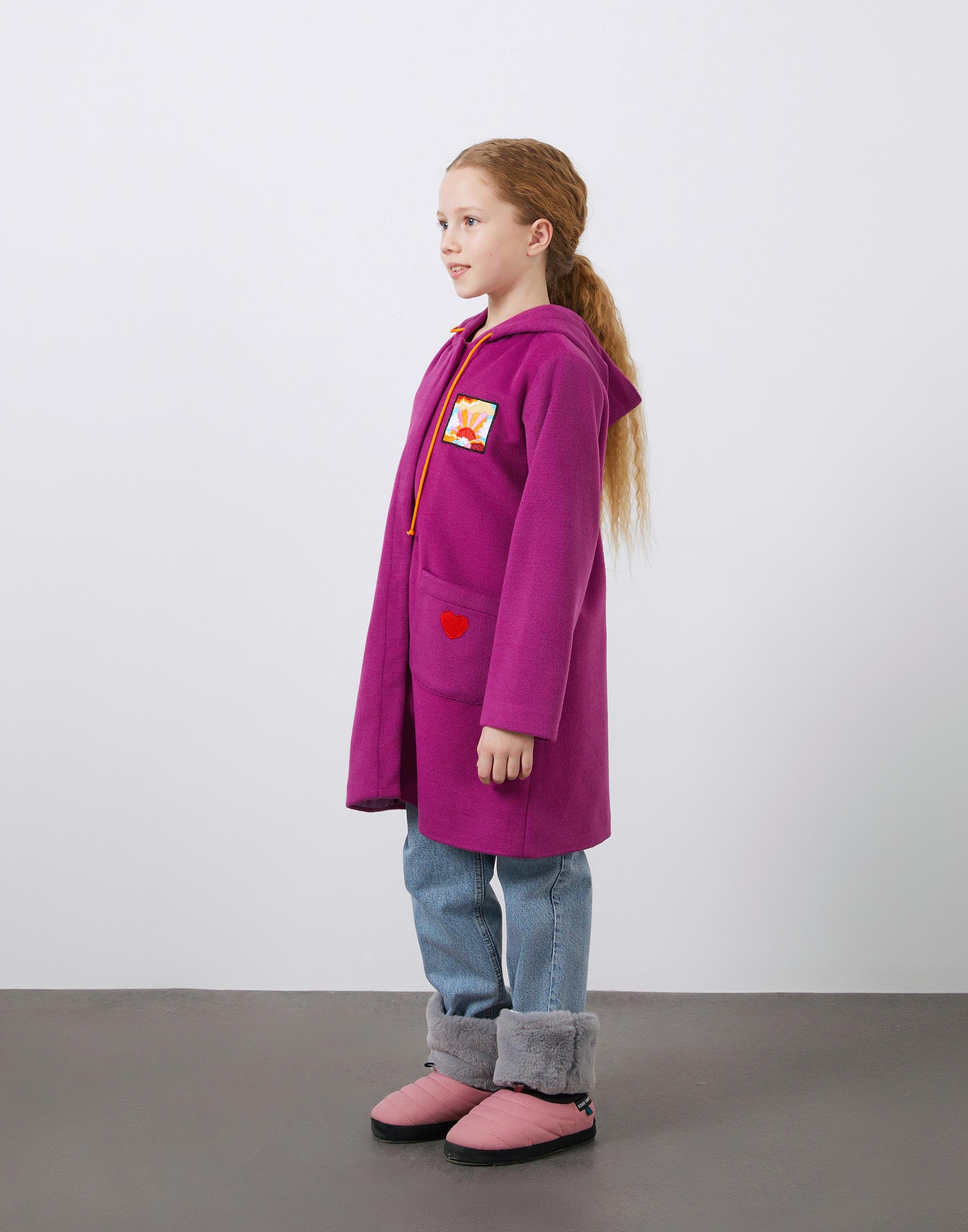 Aplike Detaylı Kapüşonlu Kaşe Kız Çocuk Kaban - junior, designer dresses, bachelorette, party dresses and graduation dresses.