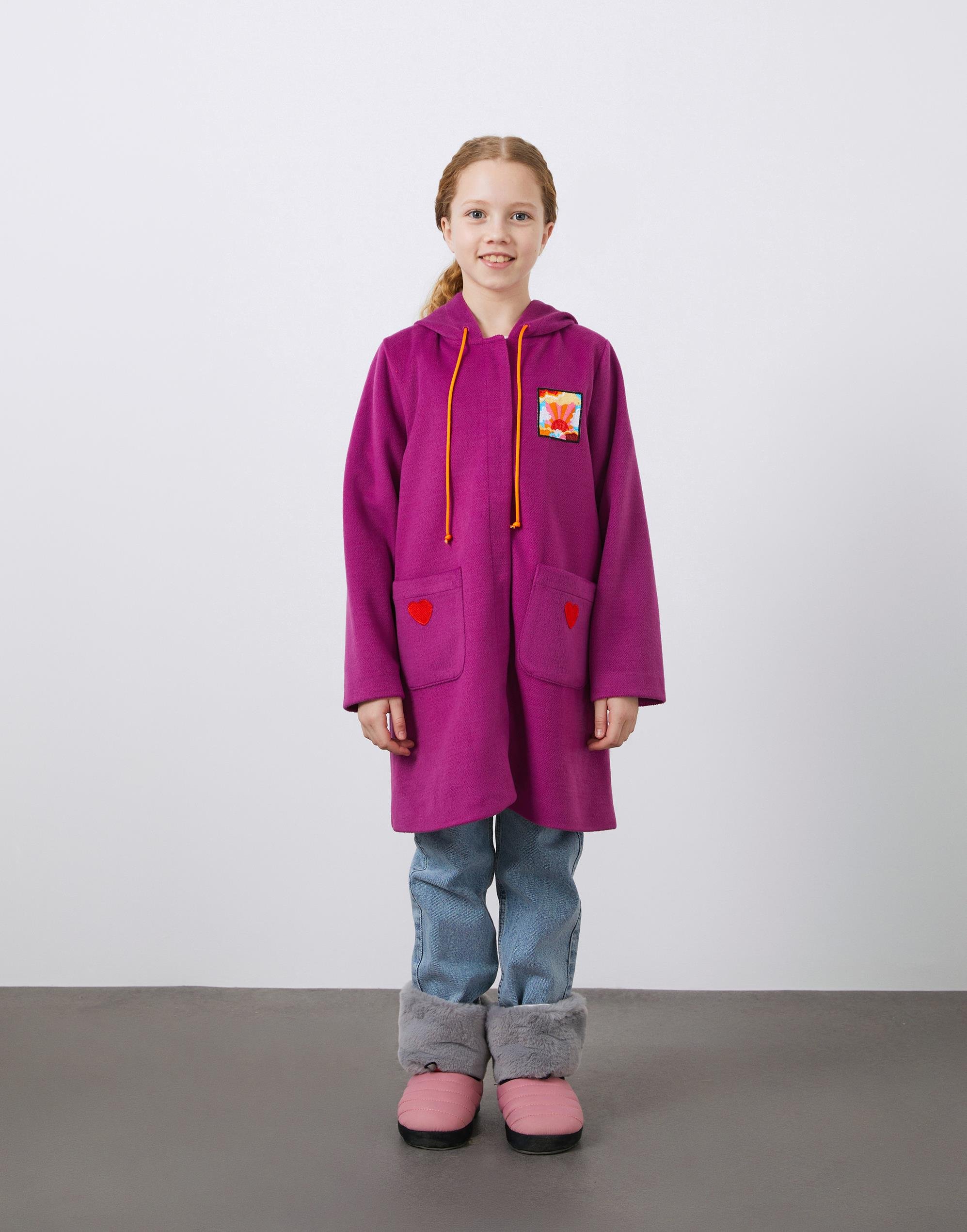 Aplike Detaylı Kapüşonlu Kaşe Kız Çocuk Kaban - junior, designer dresses, bachelorette, party dresses and graduation dresses.