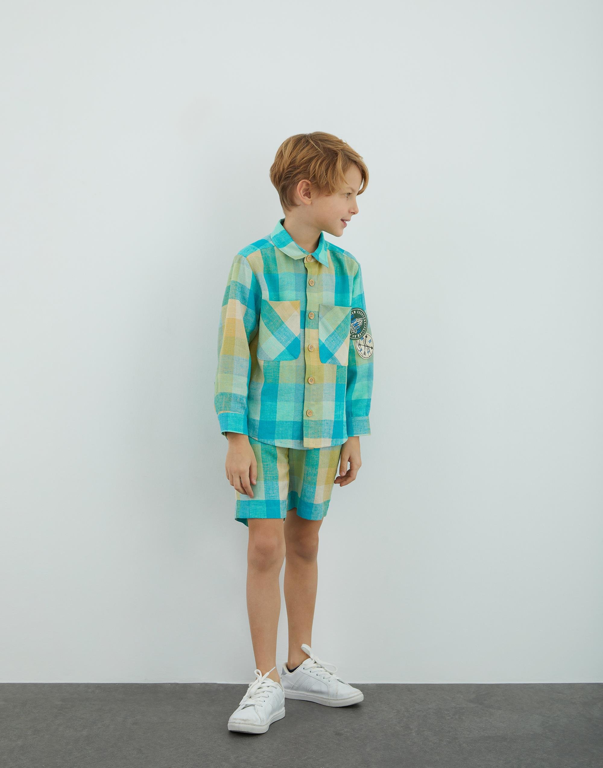 Aplike Detaylı Yeşil Ekose Gömlek - junior, designer dresses, bachelorette, party dresses and graduation dresses.