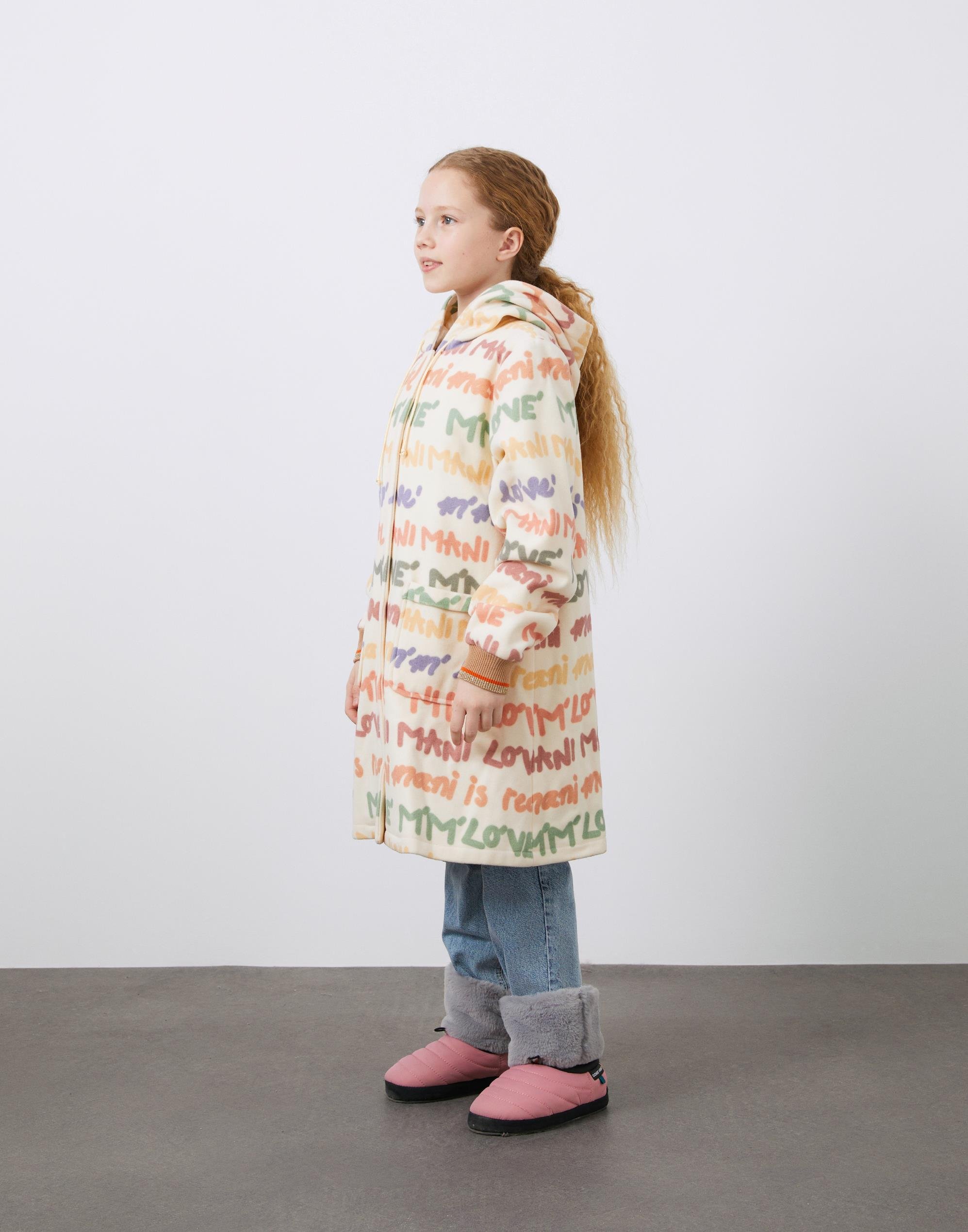 Aplike ve Renkli Baskılı Kapüşonlu Kız Çocuk Kaşe Kaban - junior, designer dresses, bachelorette, party dresses and graduation dresses.