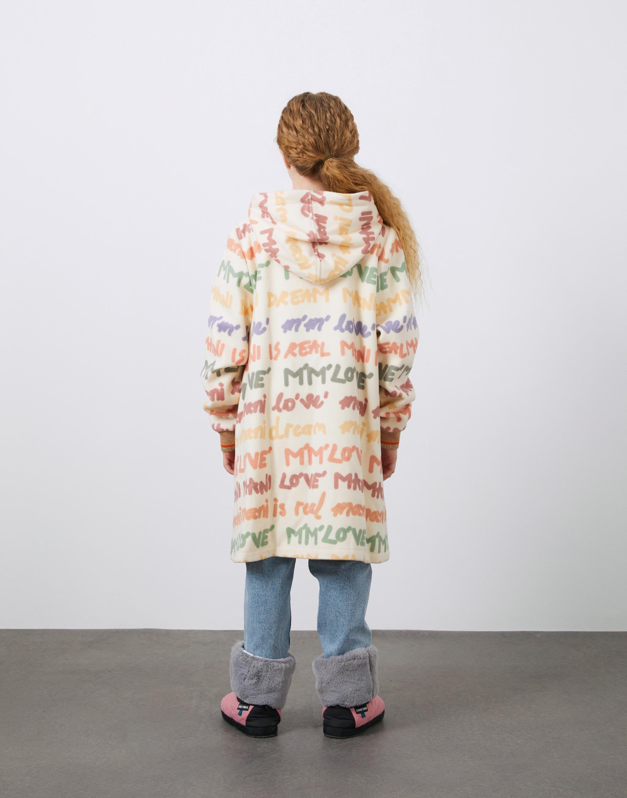 Aplike ve Renkli Baskılı Kapüşonlu Kız Çocuk Kaşe Kaban - junior, designer dresses, bachelorette, party dresses and graduation dresses.