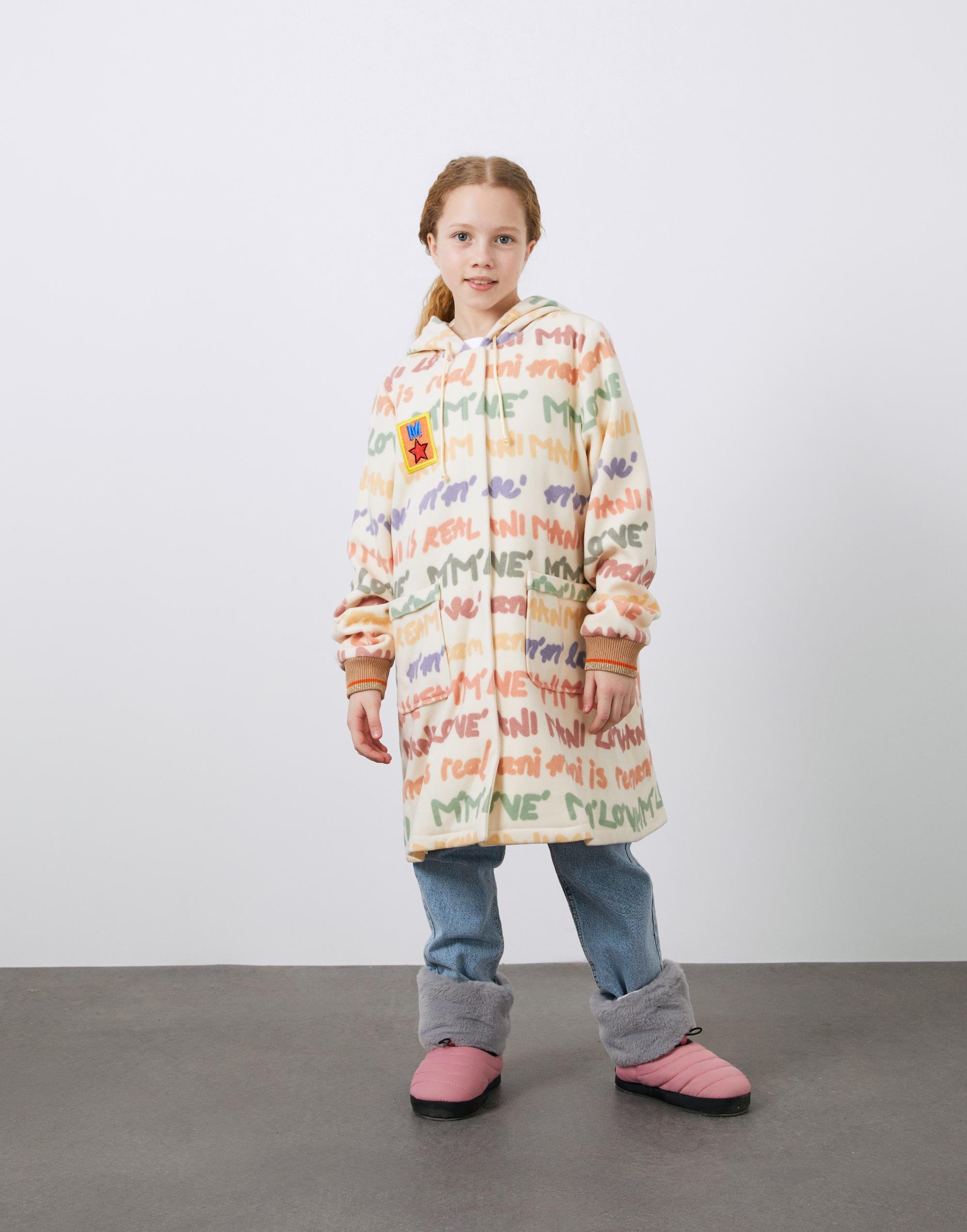 Aplike ve Renkli Baskılı Kapüşonlu Kız Çocuk Kaşe Kaban - junior, designer dresses, bachelorette, party dresses and graduation dresses.