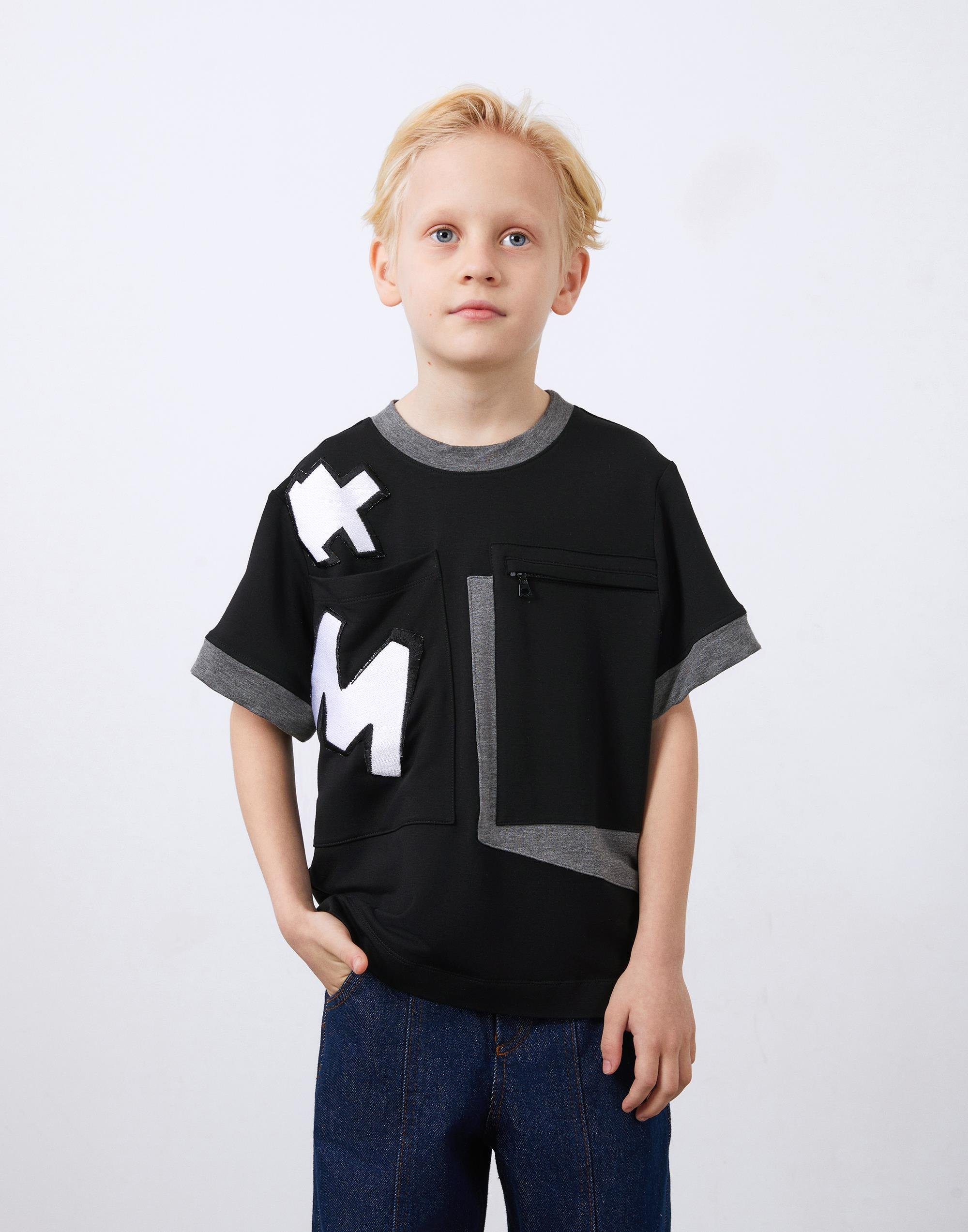 Black Boy's T-Shirt with Asymmetrical Pockets and Embroidery Detail - junior, designer dresses, bachelorette, party dresses and graduation dresses.