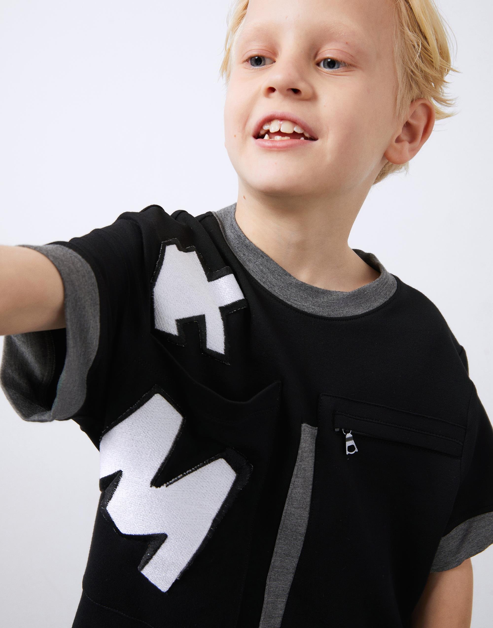 Black Boy's T-Shirt with Asymmetrical Pockets and Embroidery Detail - junior, designer dresses, bachelorette, party dresses and graduation dresses.