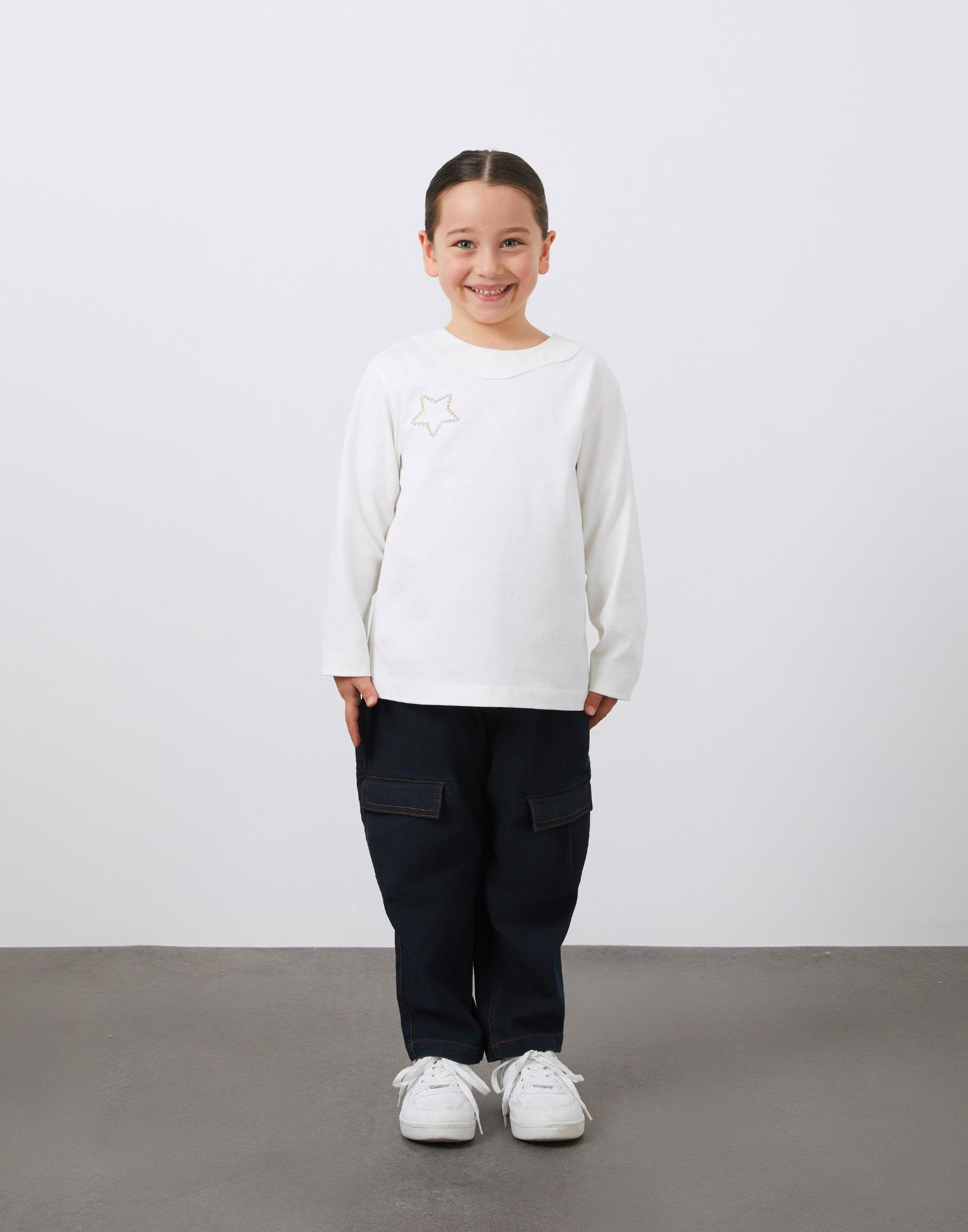 Asimetrik Yaka ve Nakış Detaylı Ekru Kız Çocuk Sweatshirt - junior, designer dresses, bachelorette, party dresses and graduation dresses.