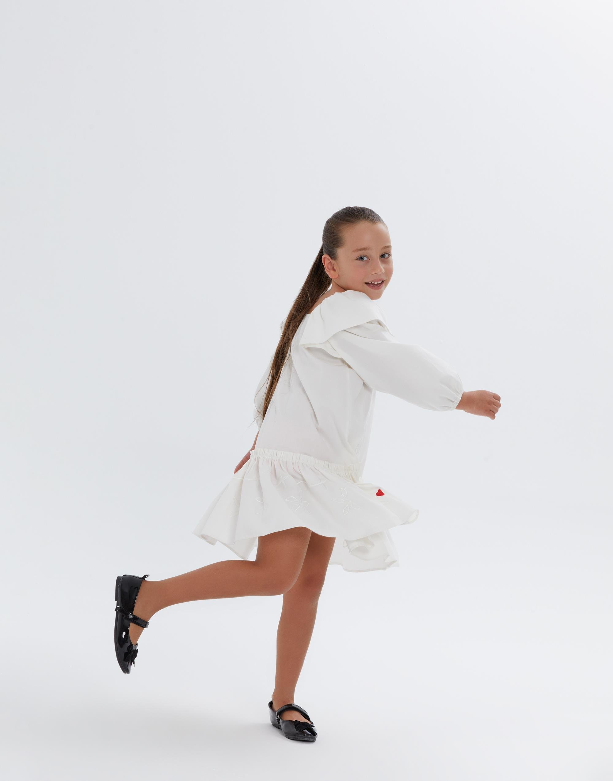 Balon Kollu Omzu ve Eteği Fırfırlı Ekru Elbise - junior, designer dresses, bachelorette, party dresses and graduation dresses.