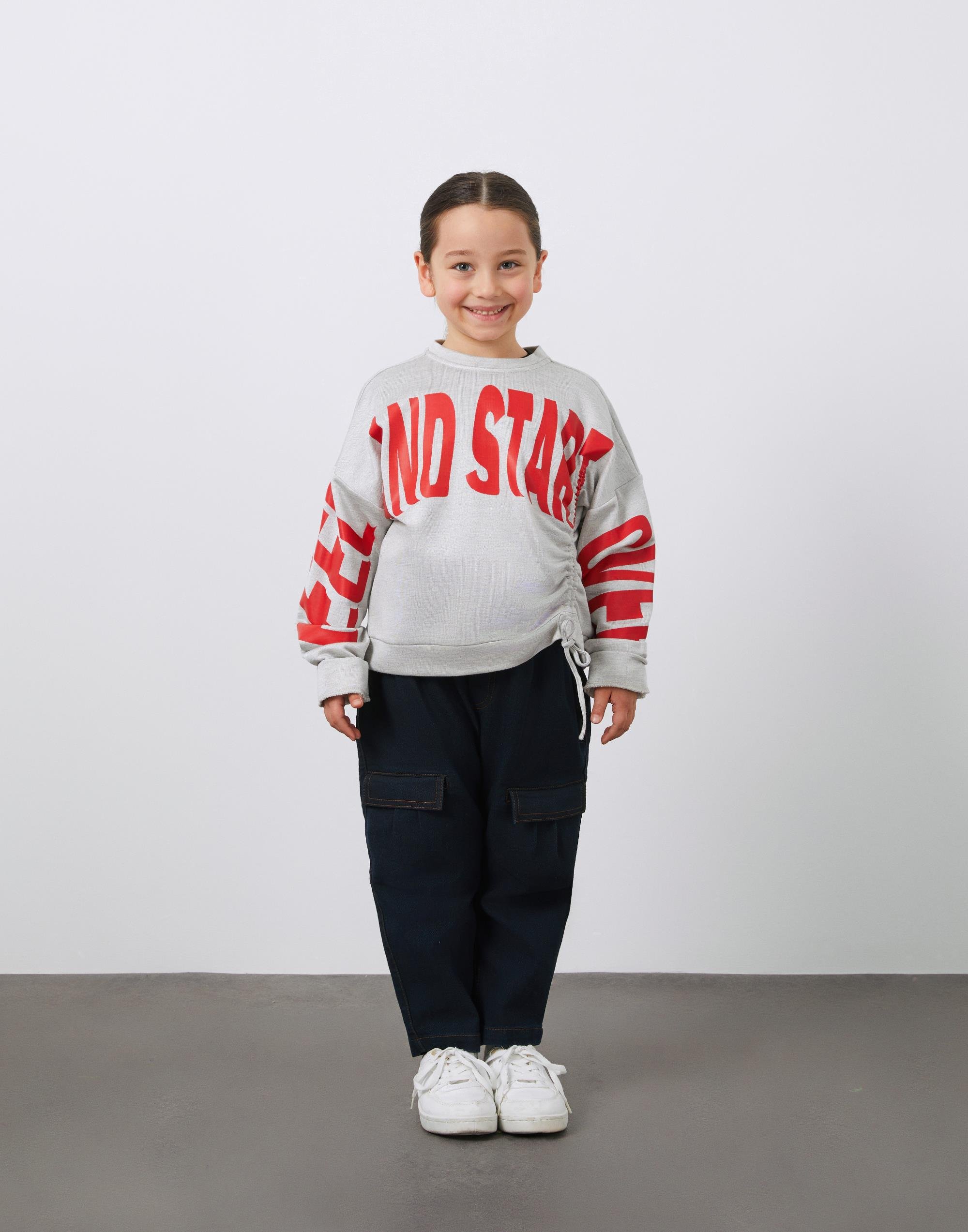 Baskı Detaylı Büzgülü Gri Kız Çocuk Sweatshirt - junior, designer dresses, bachelorette, party dresses and graduation dresses.
