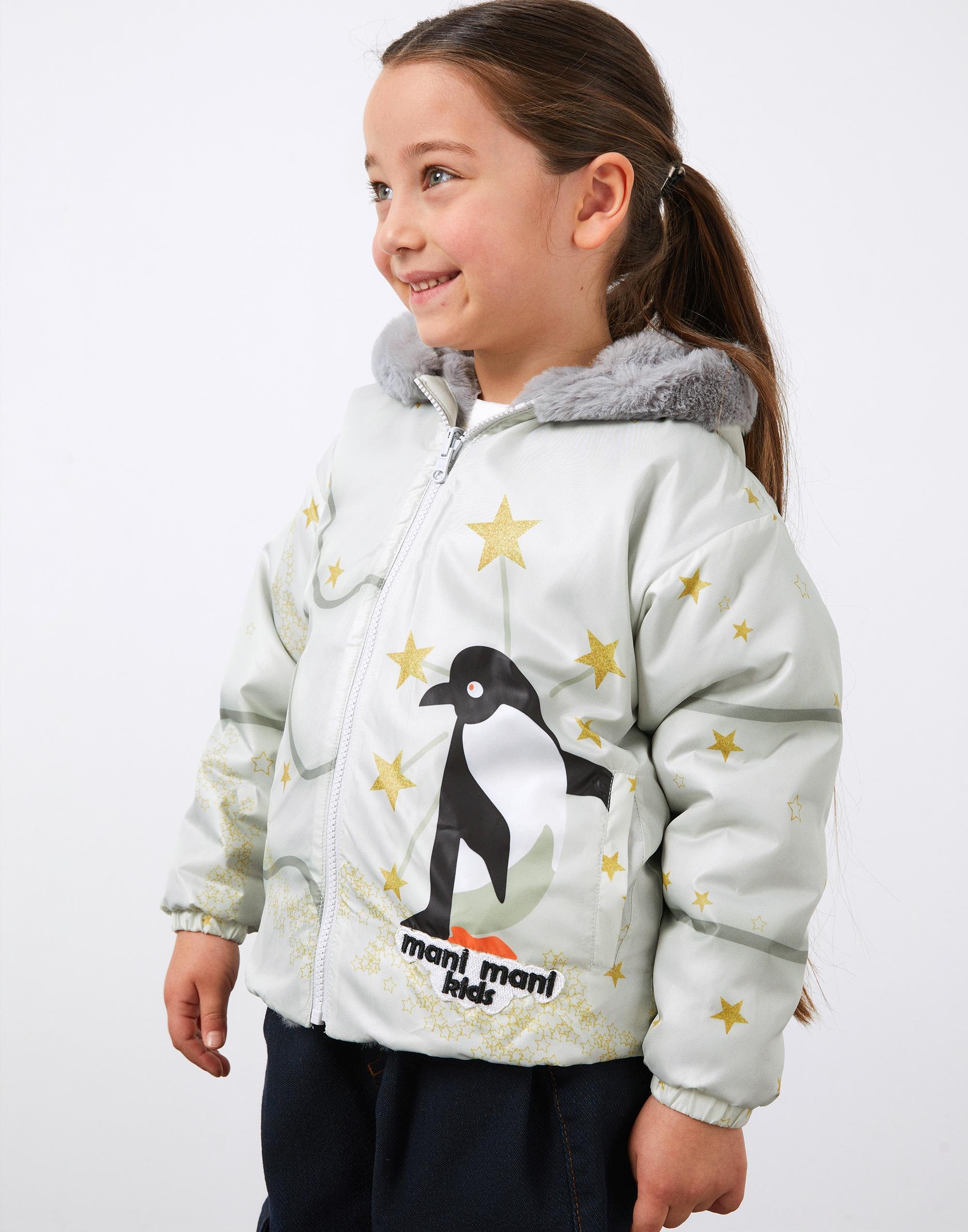 Baskı ve Aplike Detaylı Çift Taraflı Kapüşonlu Kız Çocuk Mont - junior, designer dresses, bachelorette, party dresses and graduation dresses.