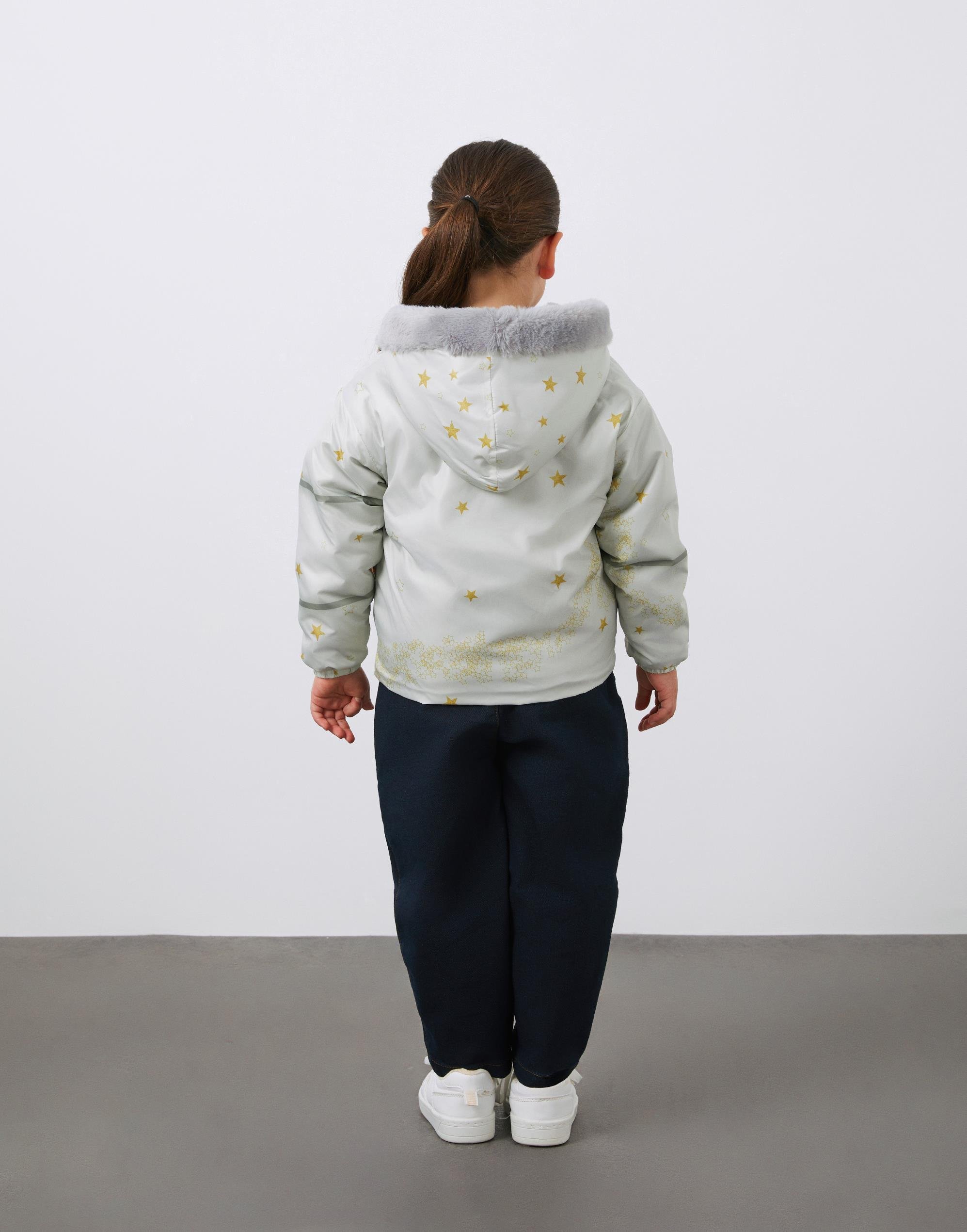 Baskı ve Aplike Detaylı Çift Taraflı Kapüşonlu Kız Çocuk Mont - junior, designer dresses, bachelorette, party dresses and graduation dresses.