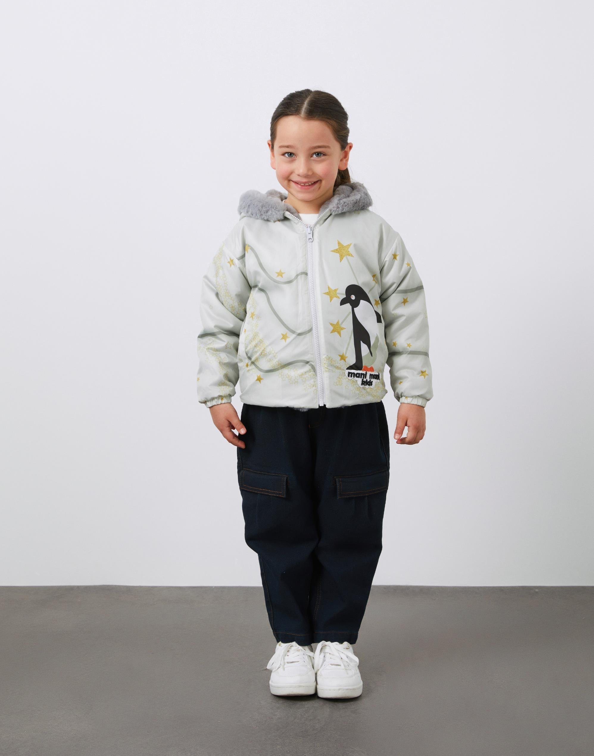 Baskı ve Aplike Detaylı Çift Taraflı Kapüşonlu Kız Çocuk Mont - junior, designer dresses, bachelorette, party dresses and graduation dresses.