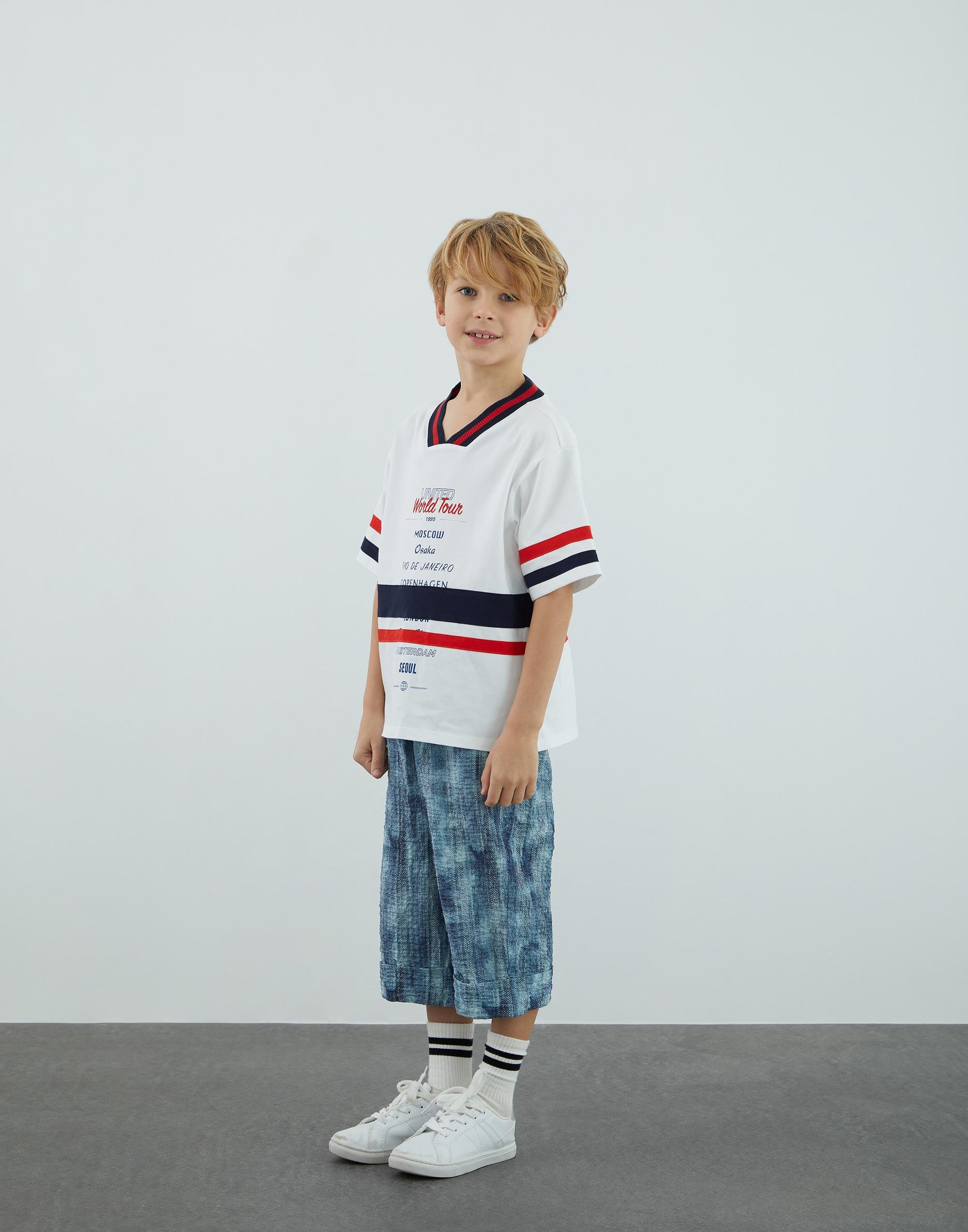 Baskı Ve Kontrast Garni Detalı Triko Yaka Beyaz T Shirt - junior, designer dresses, bachelorette, party dresses and graduation dresses.