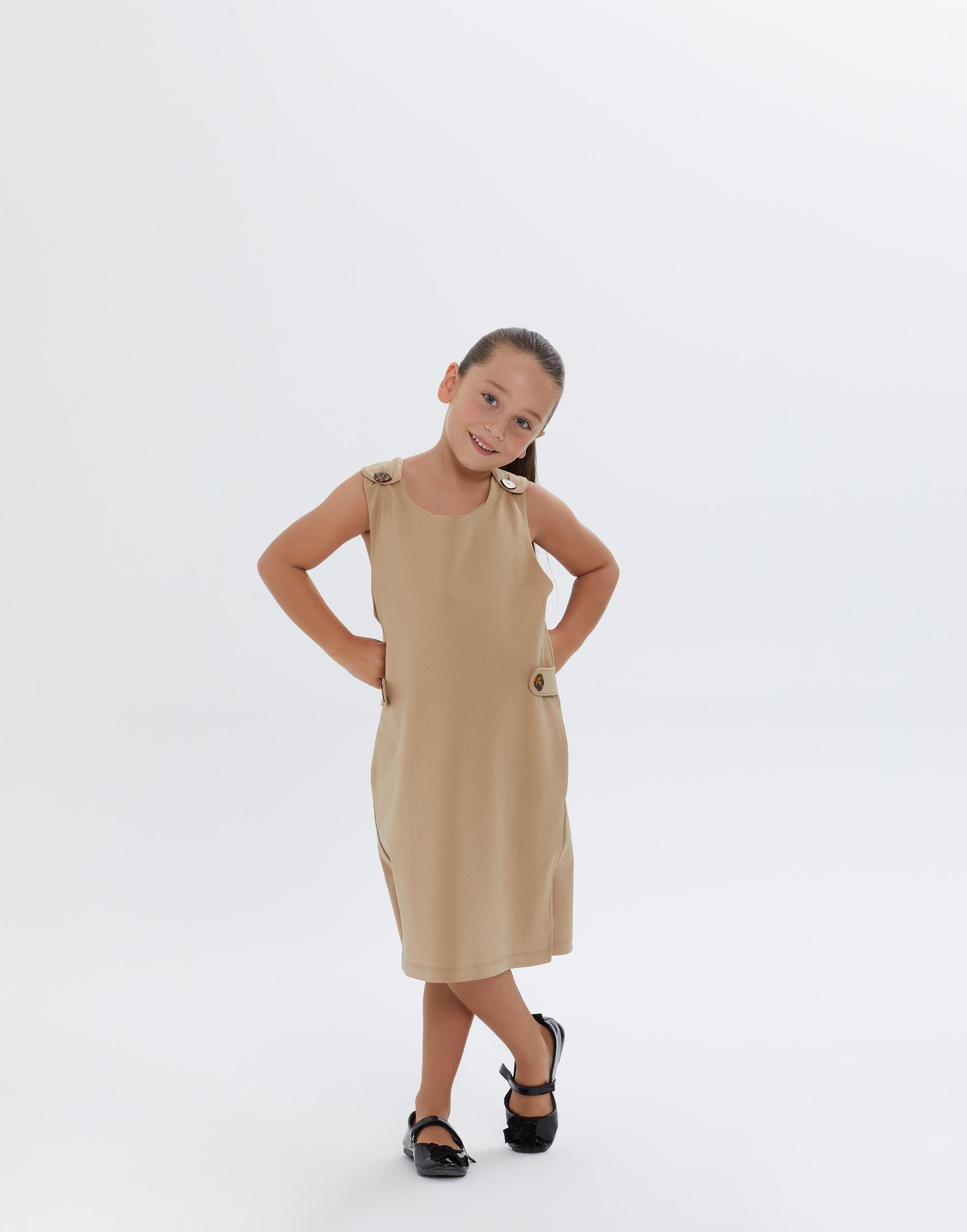 Beli ve Omuzları Düğme Detaylı Kolsuz Bej Elbise - junior, designer dresses, bachelorette, party dresses and graduation dresses.